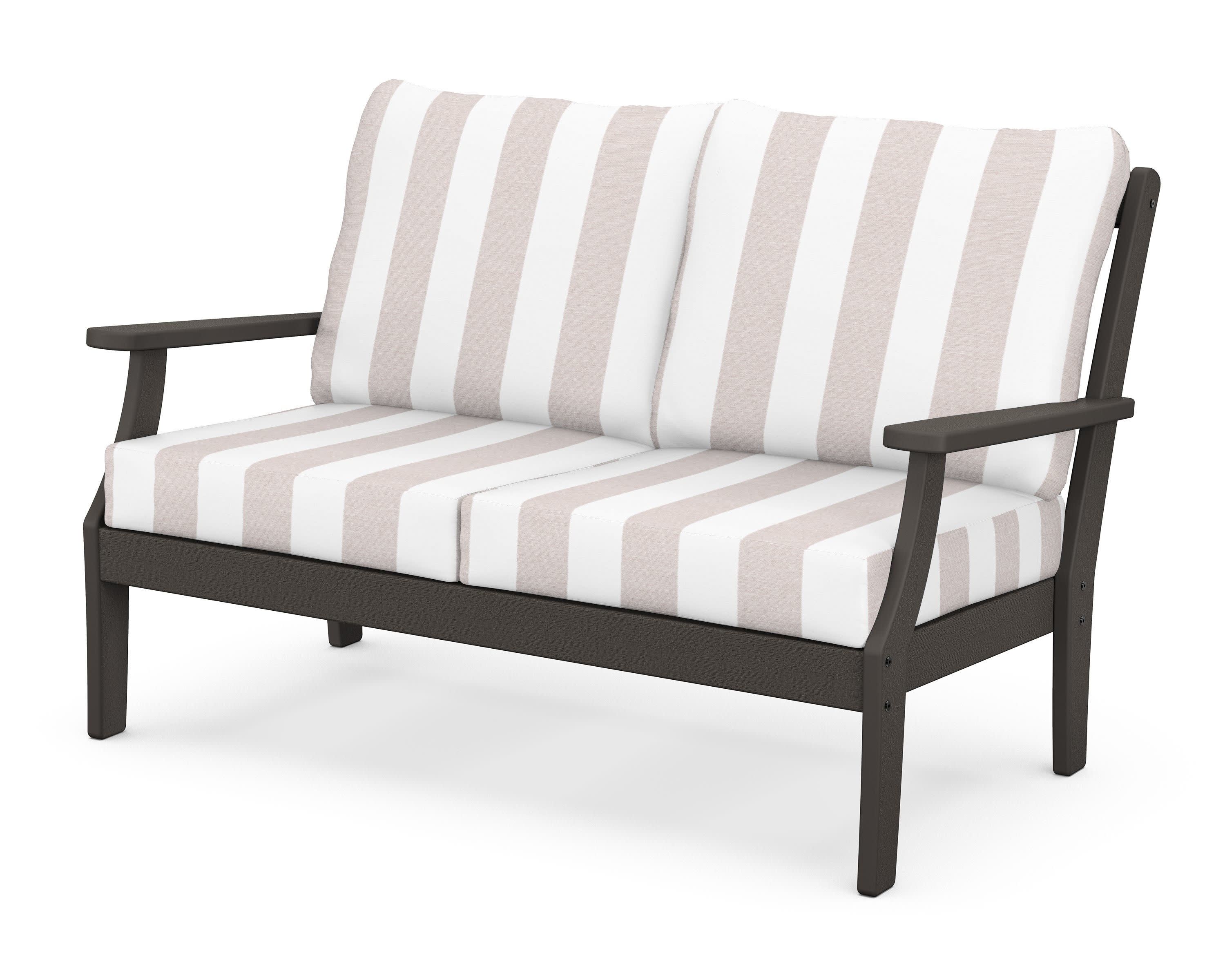 Braxton Deep Seating Loveseat in Vintage Coffee / Cabana Stripe Dune Burlap