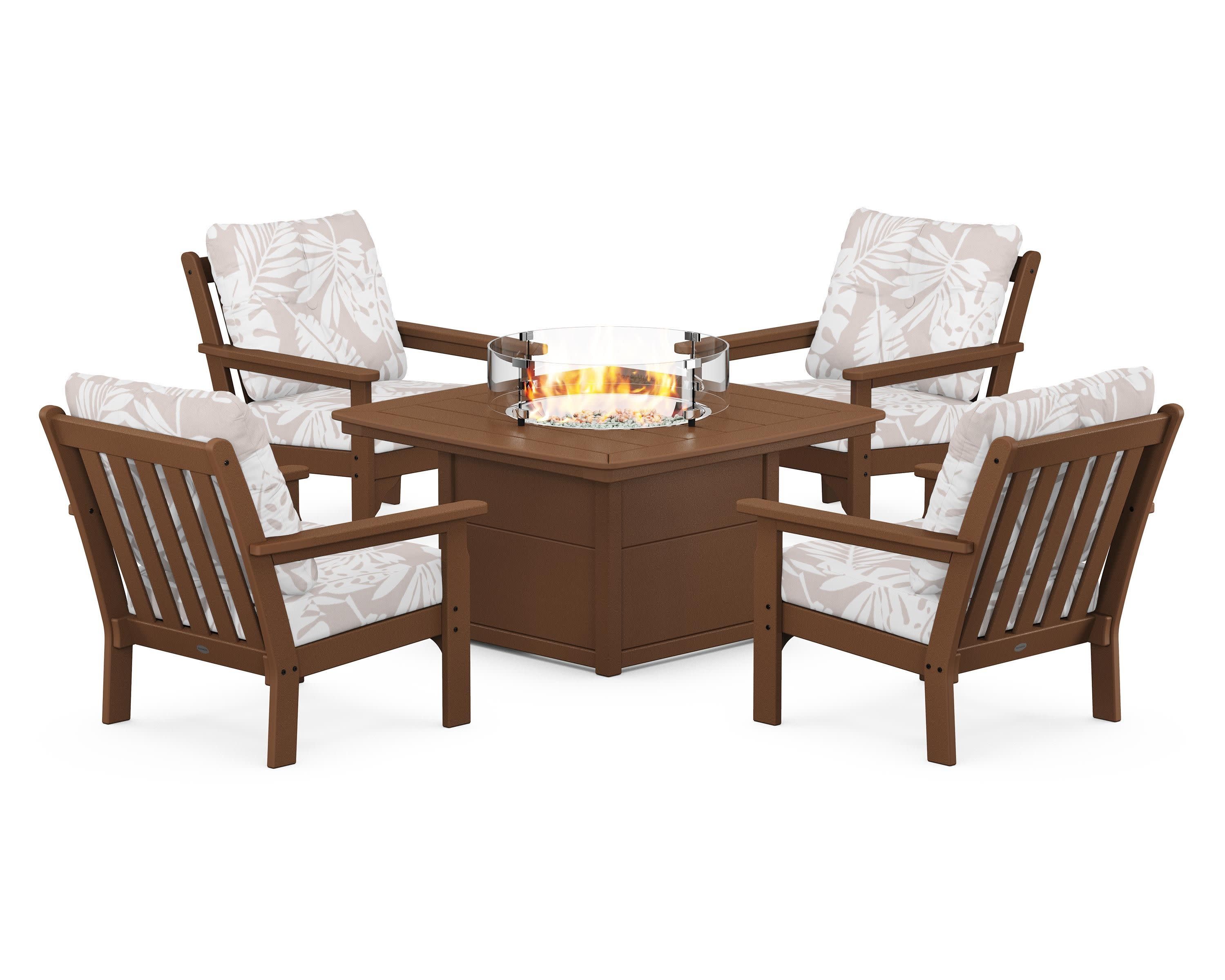 Vineyard 5-Piece Conversation Set with Fire Pit Table in Teak / Leaf Dune Burlap