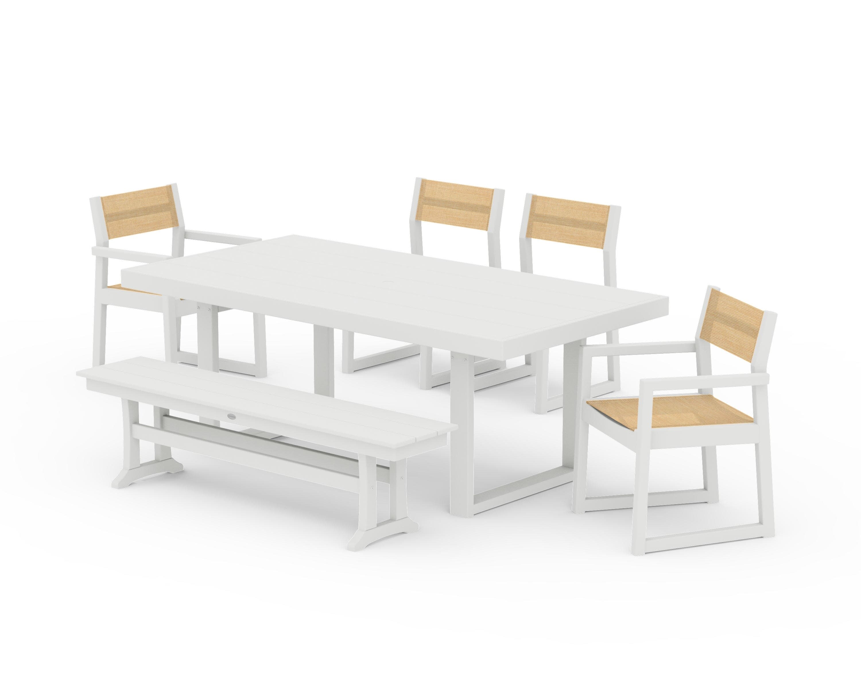 EDGE Sling 6-Piece Dining Set with Bench in Vintage White / Dupioni Apricot Sling