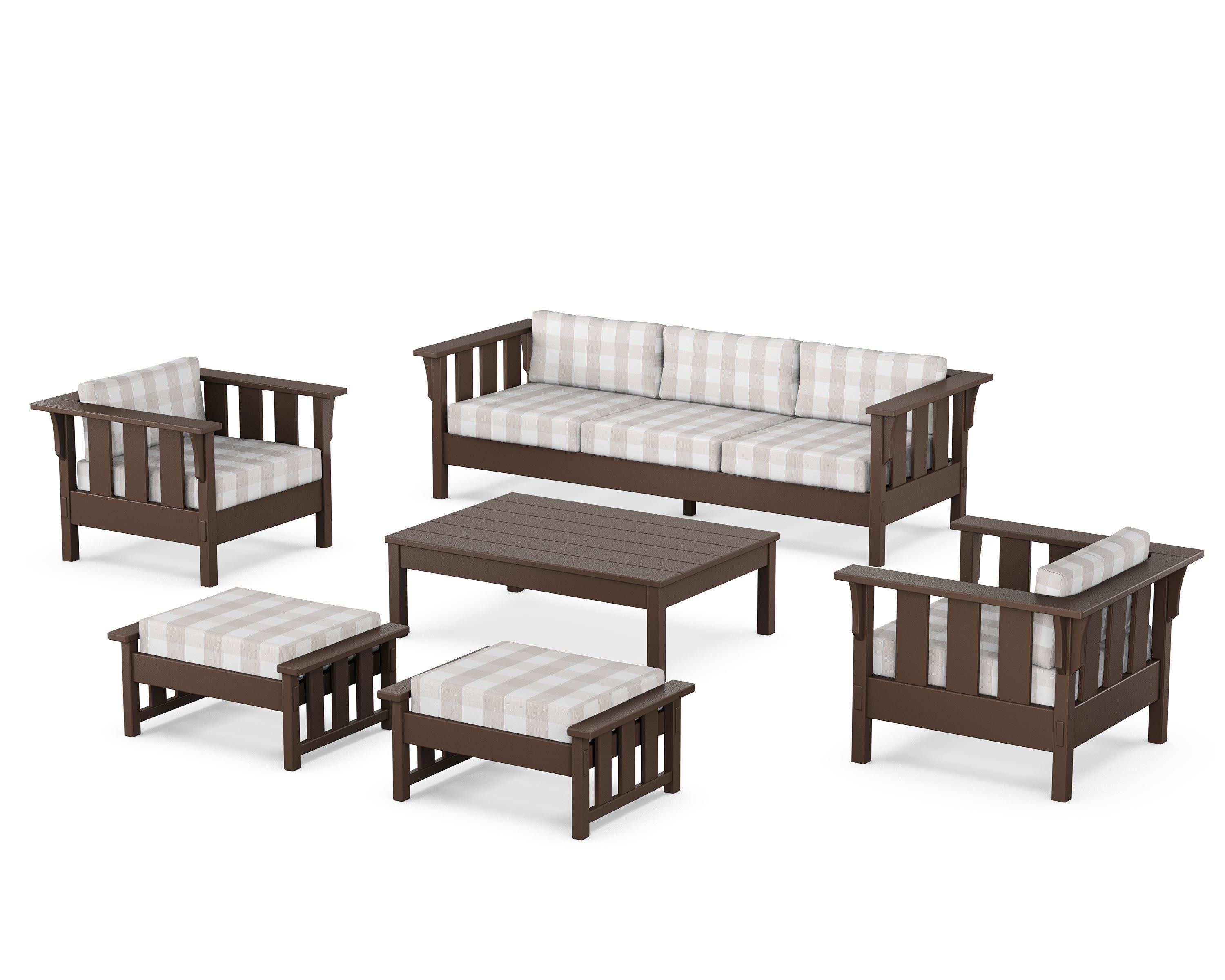 Acadia 6-Piece Lounge Sofa Set in Mahogany / Buffalo Plaid Dune Burlap