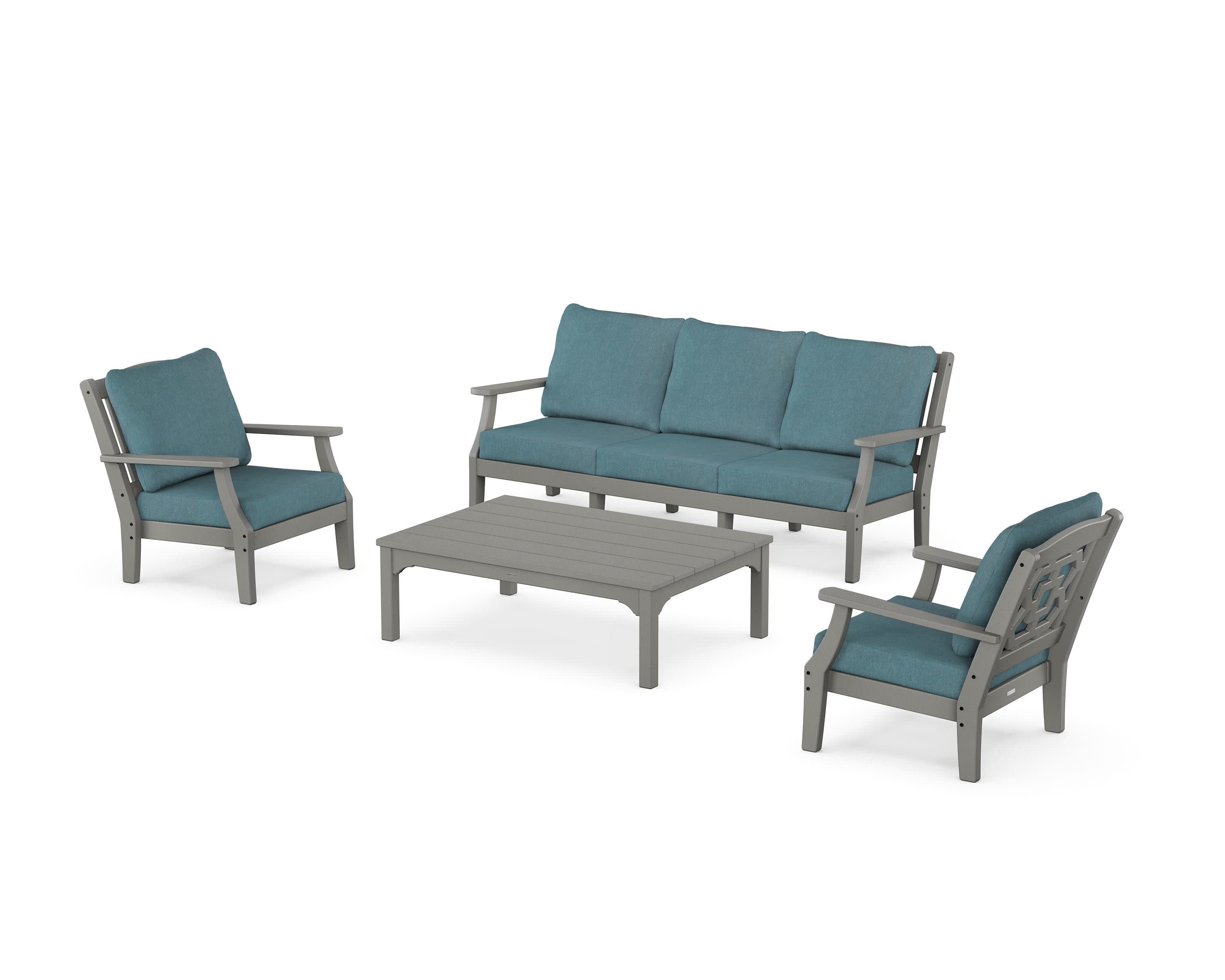 Chinoiserie 4-Piece Deep Seating Set with Sofa in Slate Grey / Ocean Teal