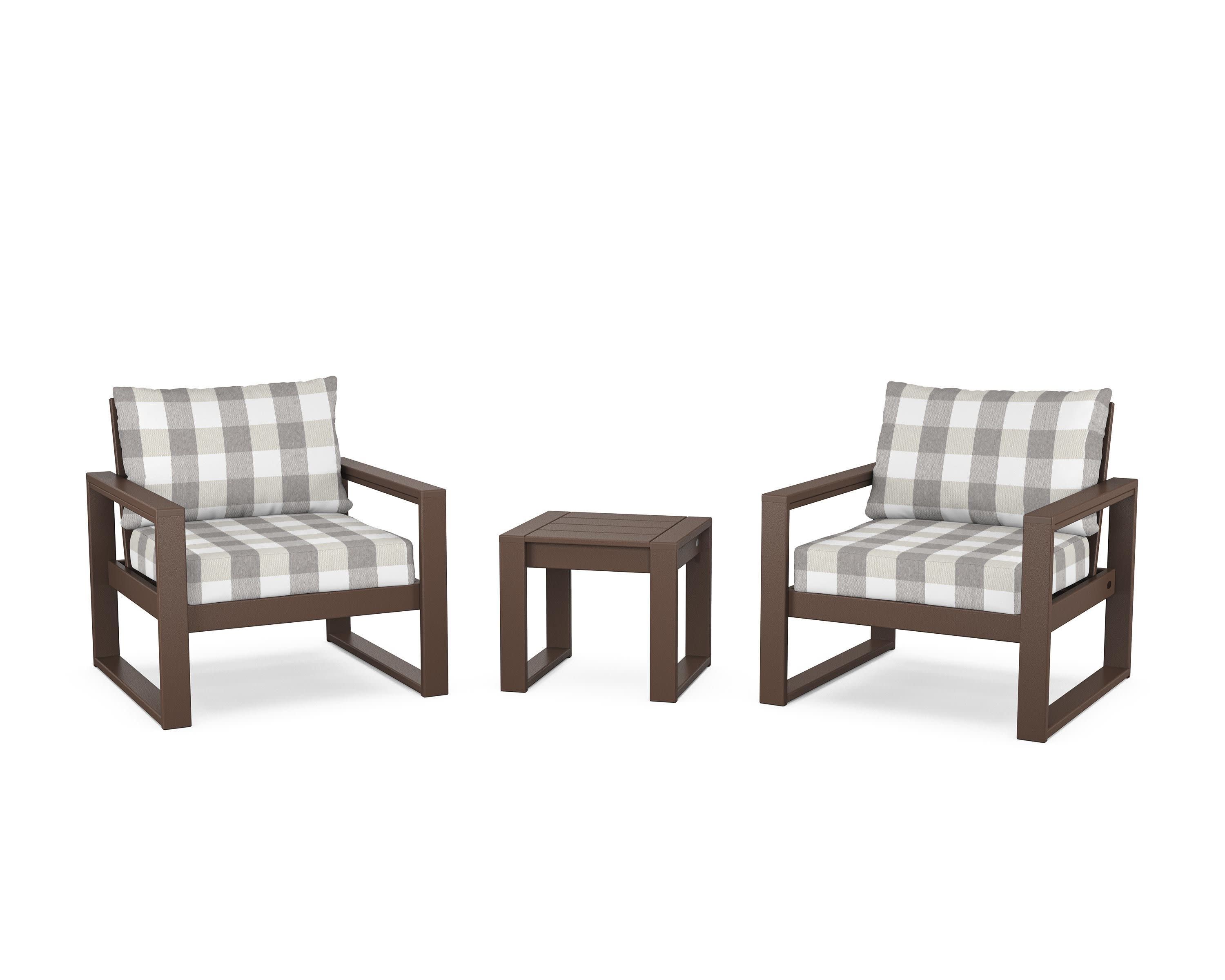 EDGE Sectional 3-Piece Deep Seating Set in Mahogany / Buffalo Plaid Grey Mist