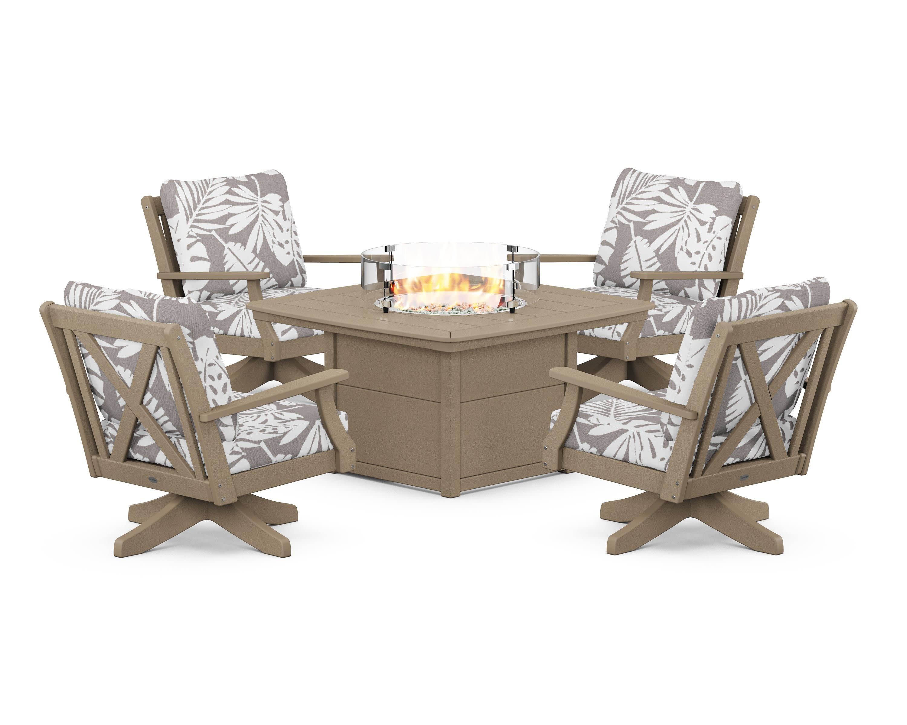 Braxton 5-Piece Deep Seating Swivel Conversation Set with Fire Pit Table in Vintage Sahara / Leaf Grey Mist