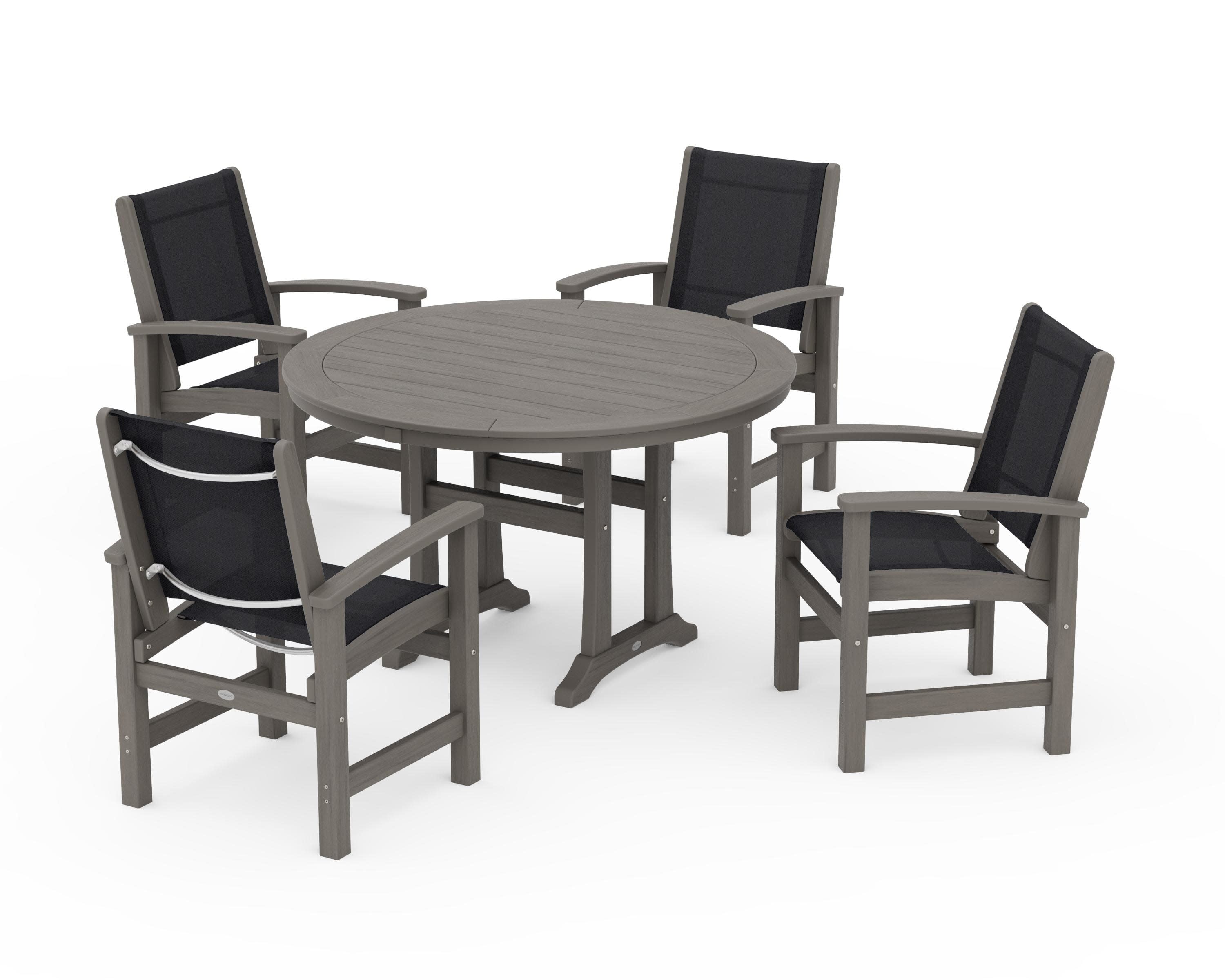 Coastal 5-Piece Round Dining Set with Trestle Legs in Driftwood / Black Sling
