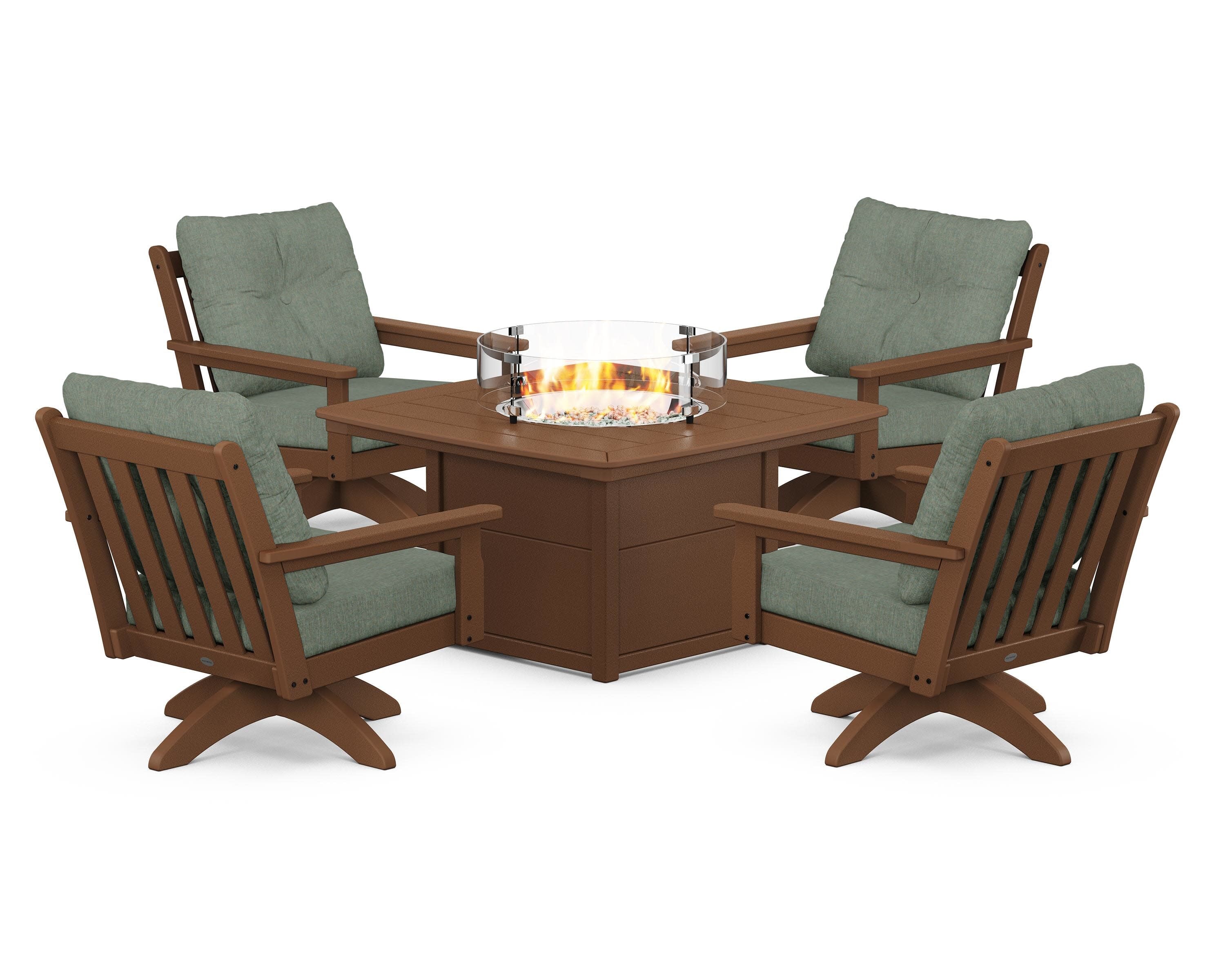 Vineyard 5-Piece Deep Seating Swivel Conversation Set with Fire Pit Table in Teak / Cast Sage