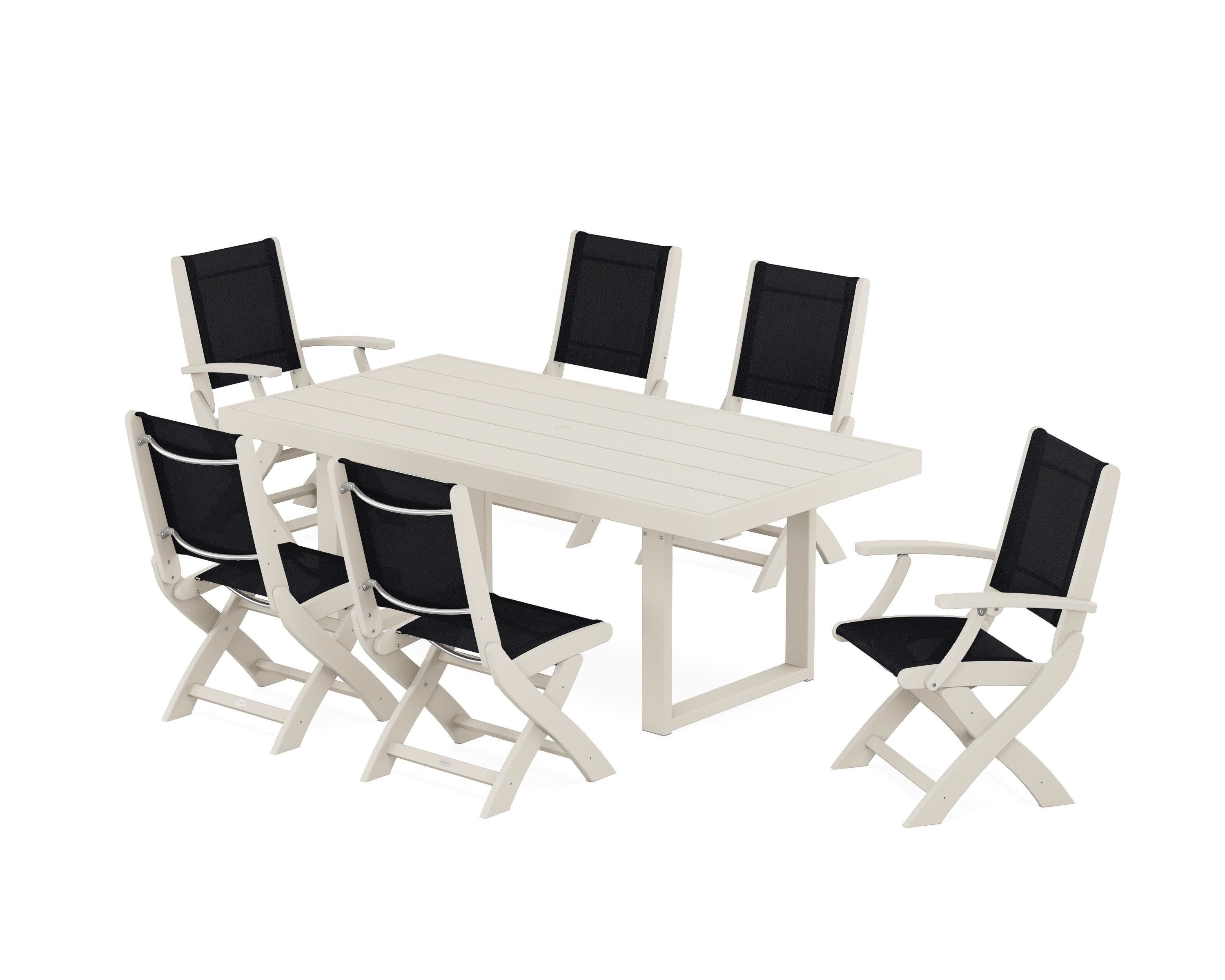 Coastal Folding Chair 7-Piece Dining Set with Trestle Legs in Sand / Black Sling