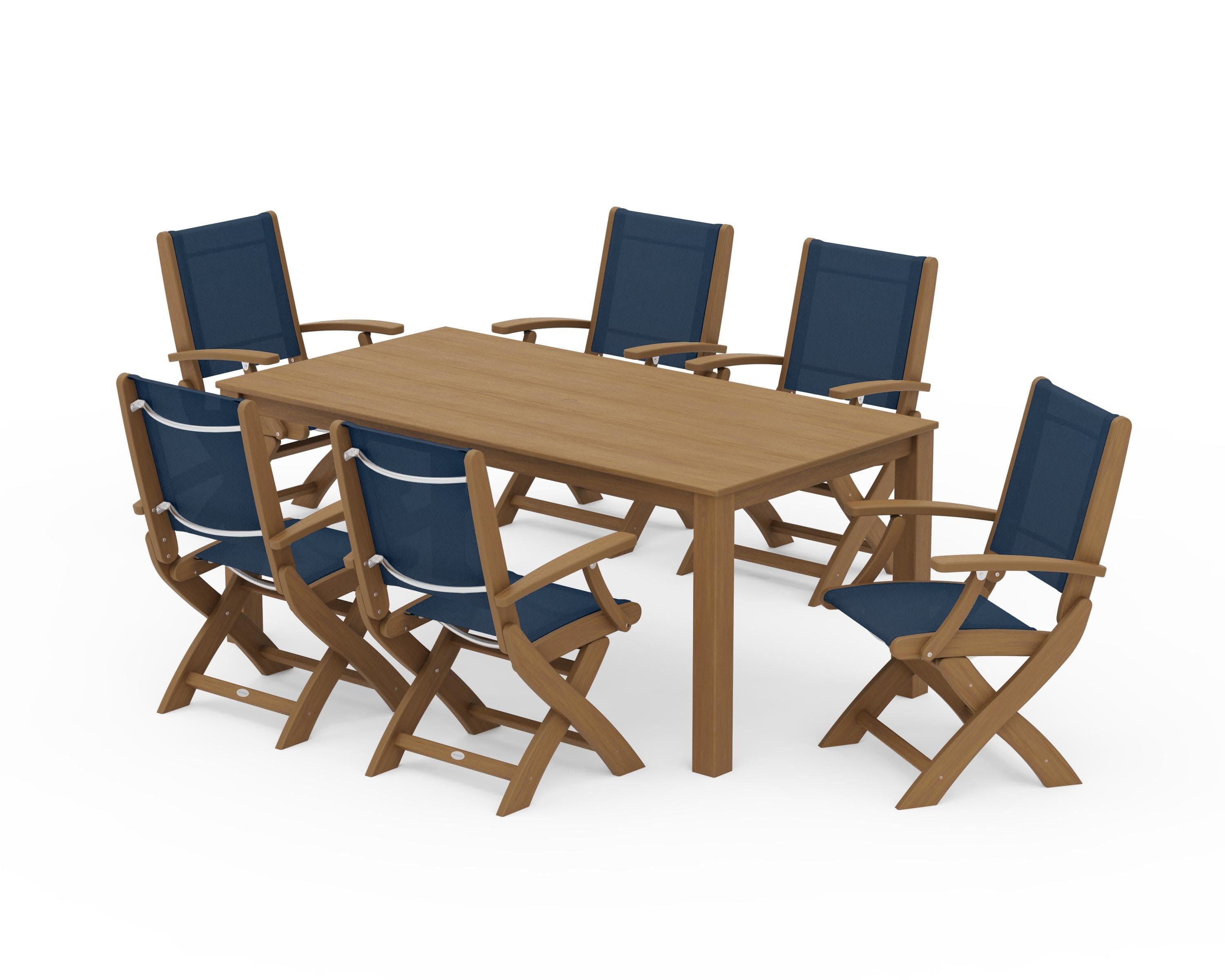 Coastal Folding Chair 7-Piece Parsons Dining Set in Natural / Navy Blue Sling