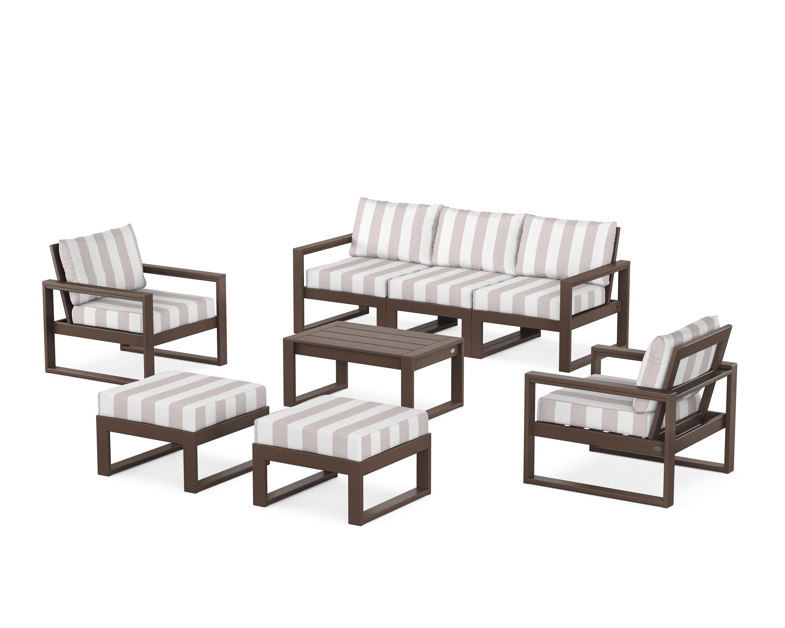 EDGE Sectional 8-Piece Lounge Sofa Set in Mahogany / Cabana Stripe Dune Burlap