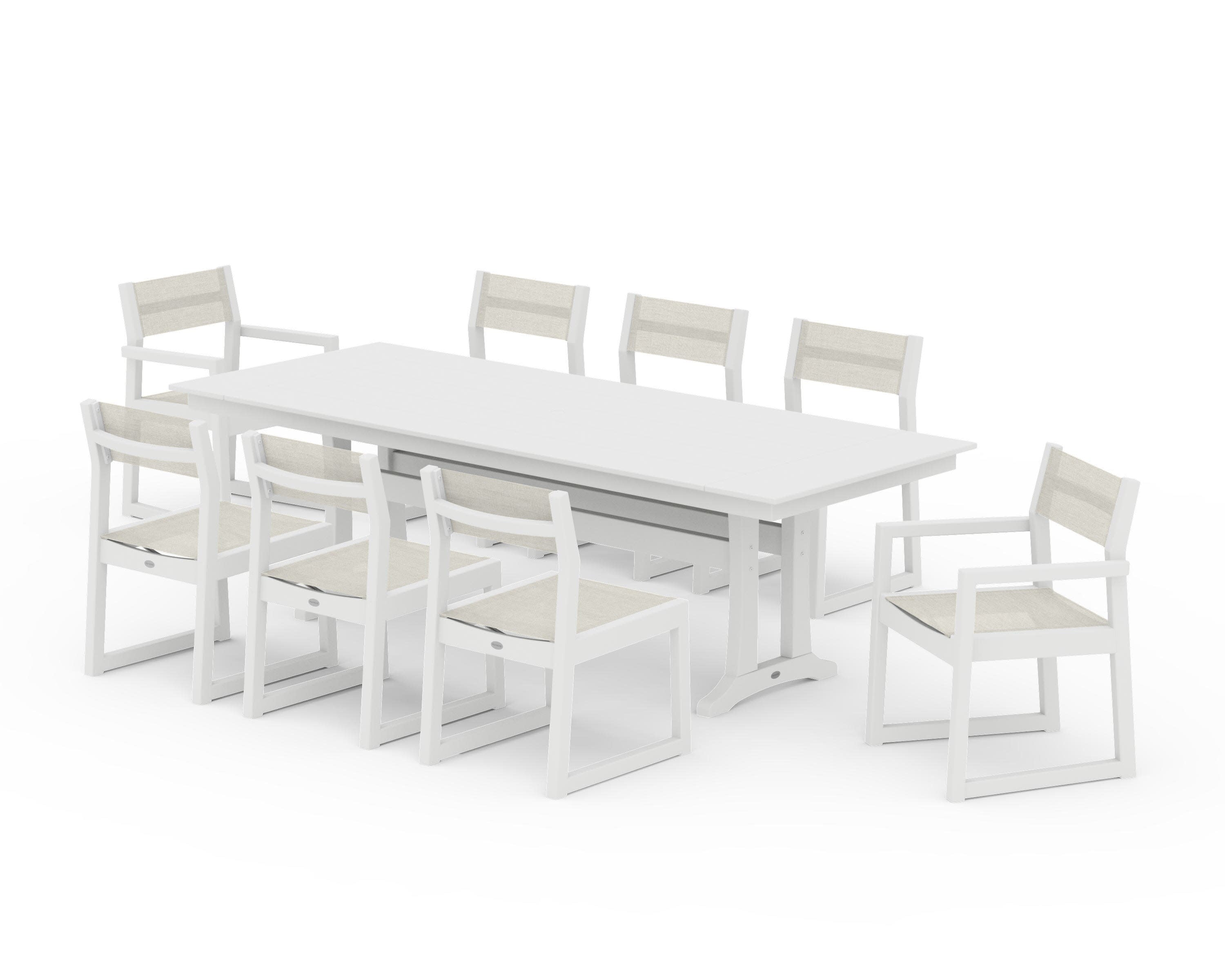 EDGE Sling 9-Piece Farmhouse Trestle Dining Set in White / Parchment Sling