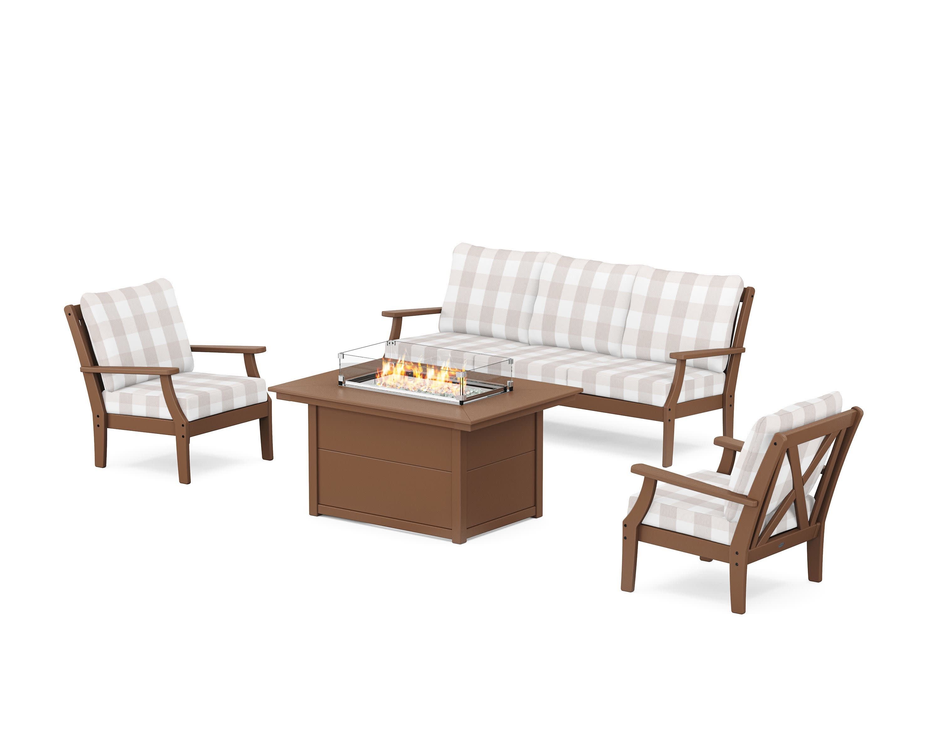 Braxton Deep Seating Fire Pit Table Set in Teak / Buffalo Plaid Dune Burlap