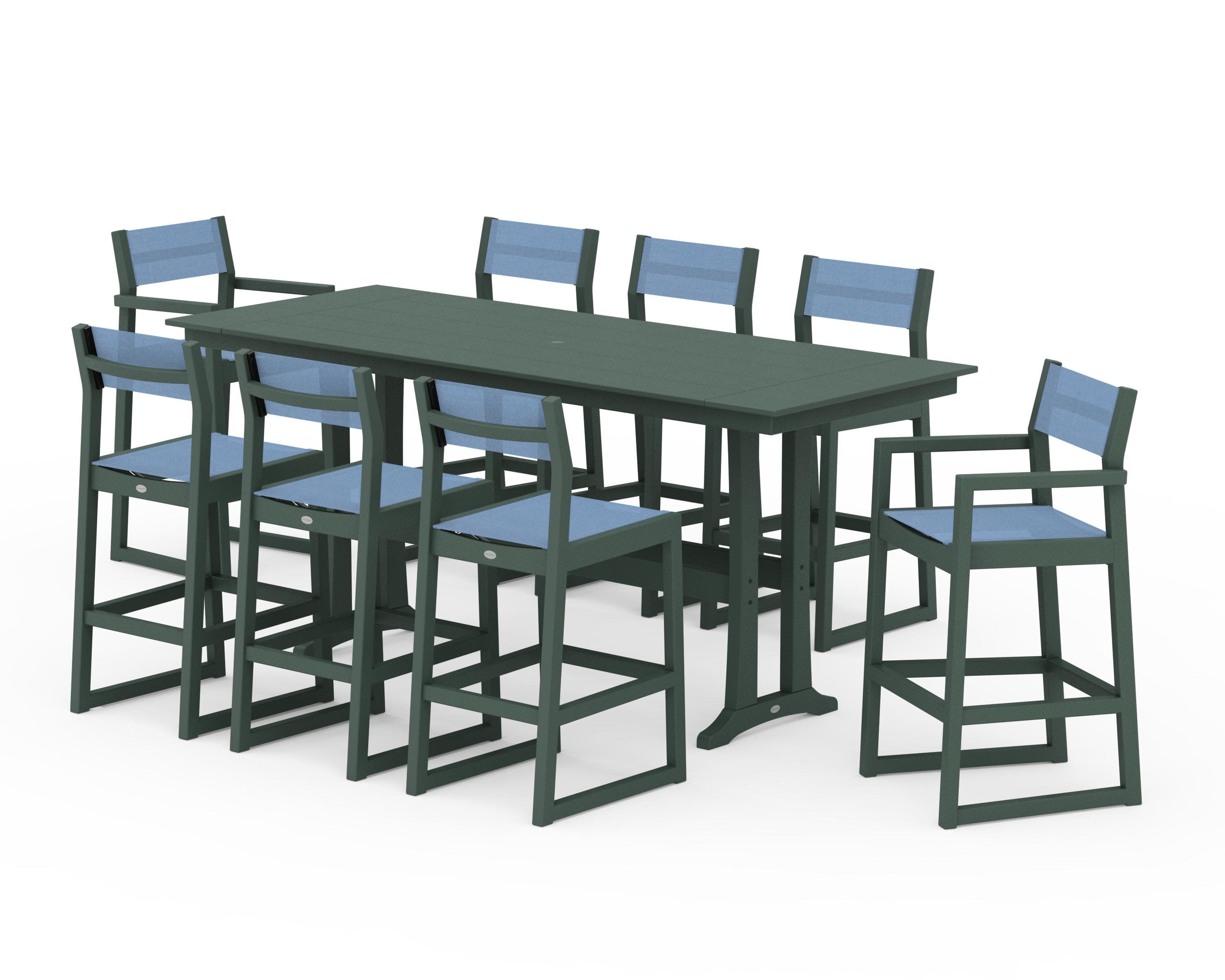 EDGE Sling 9-Piece Farmhouse Bar Set with Trestle Legs in Green / Poolside Sling