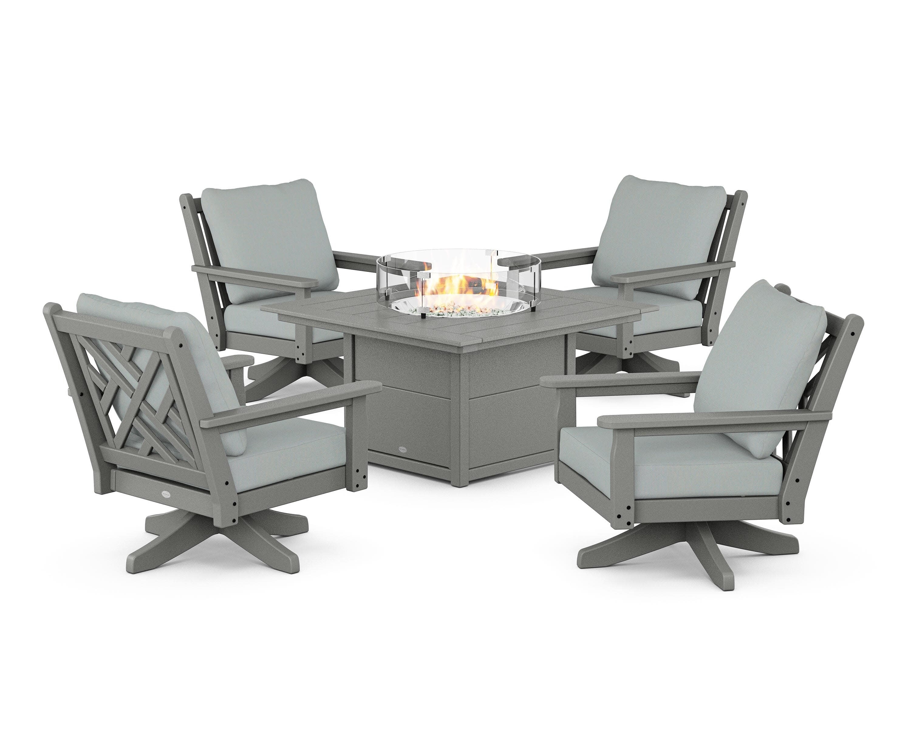Chippendale 5-Piece Deep Seating Swivel Conversation Set with Fire Pit Table in Slate Grey / Spa