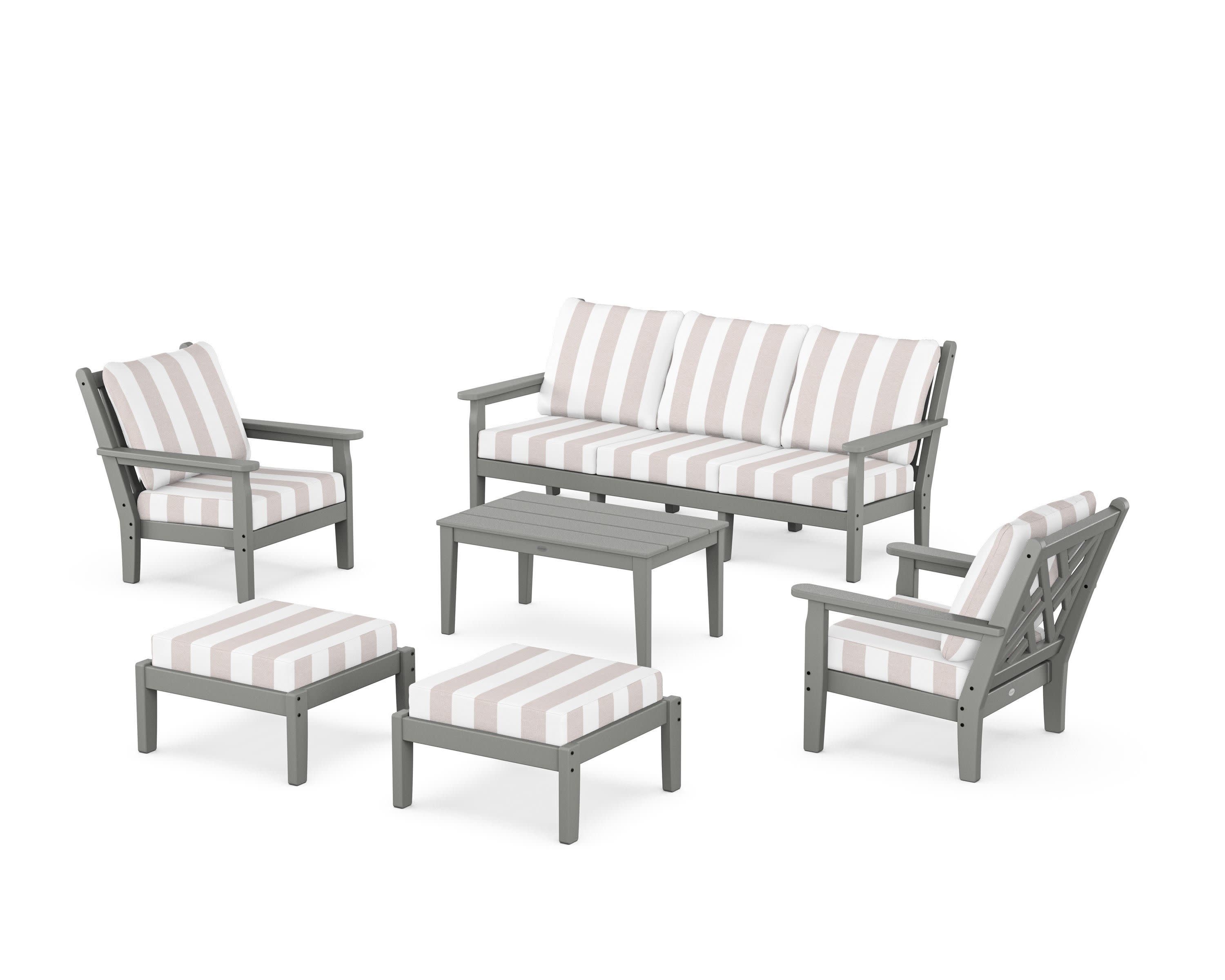 Chippendale 6-Piece Lounge Sofa Set in Slate Grey / Cabana Stripe Dune Burlap