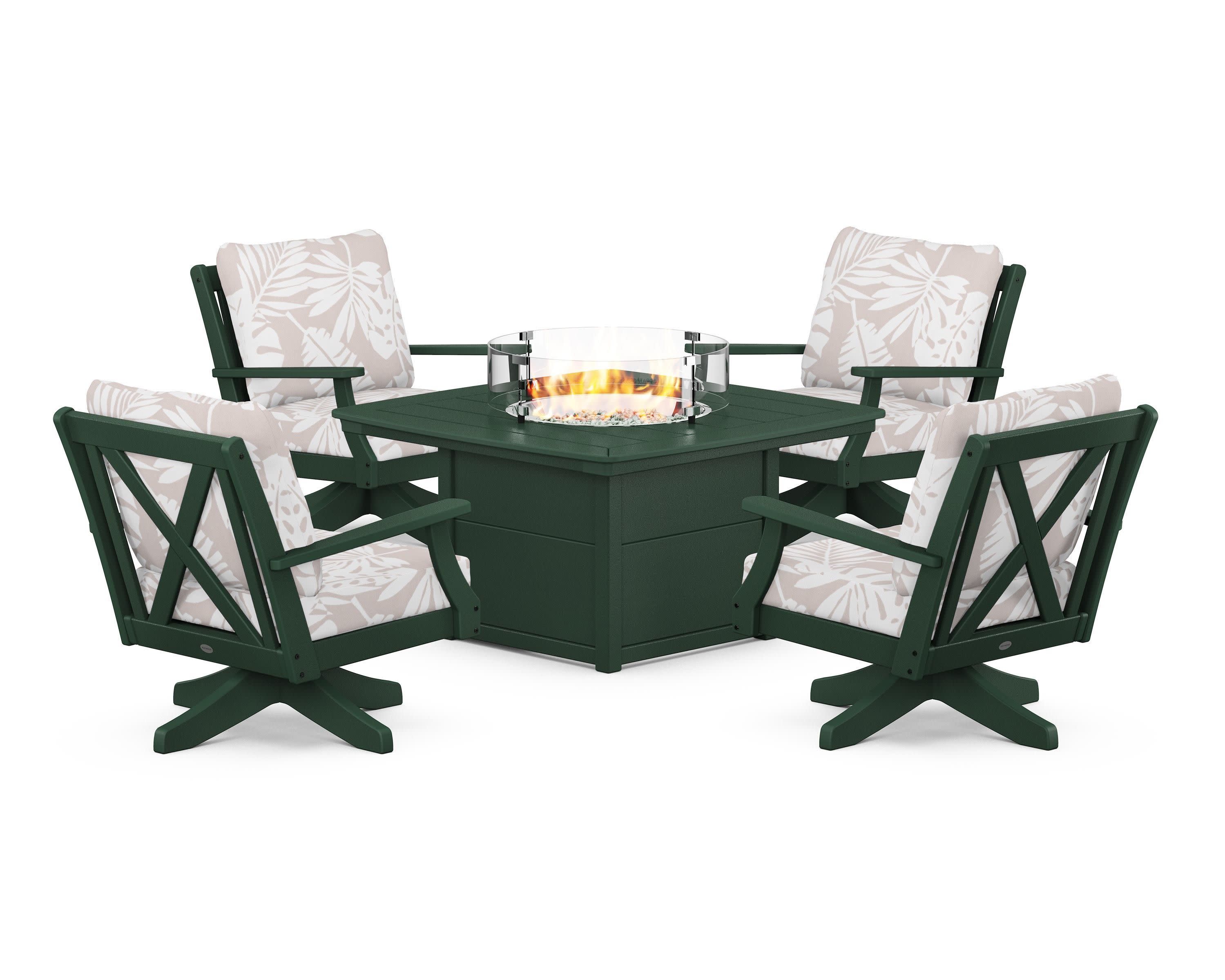 Braxton 5-Piece Deep Seating Swivel Conversation Set with Fire Pit Table in Green / Leaf Dune Burlap