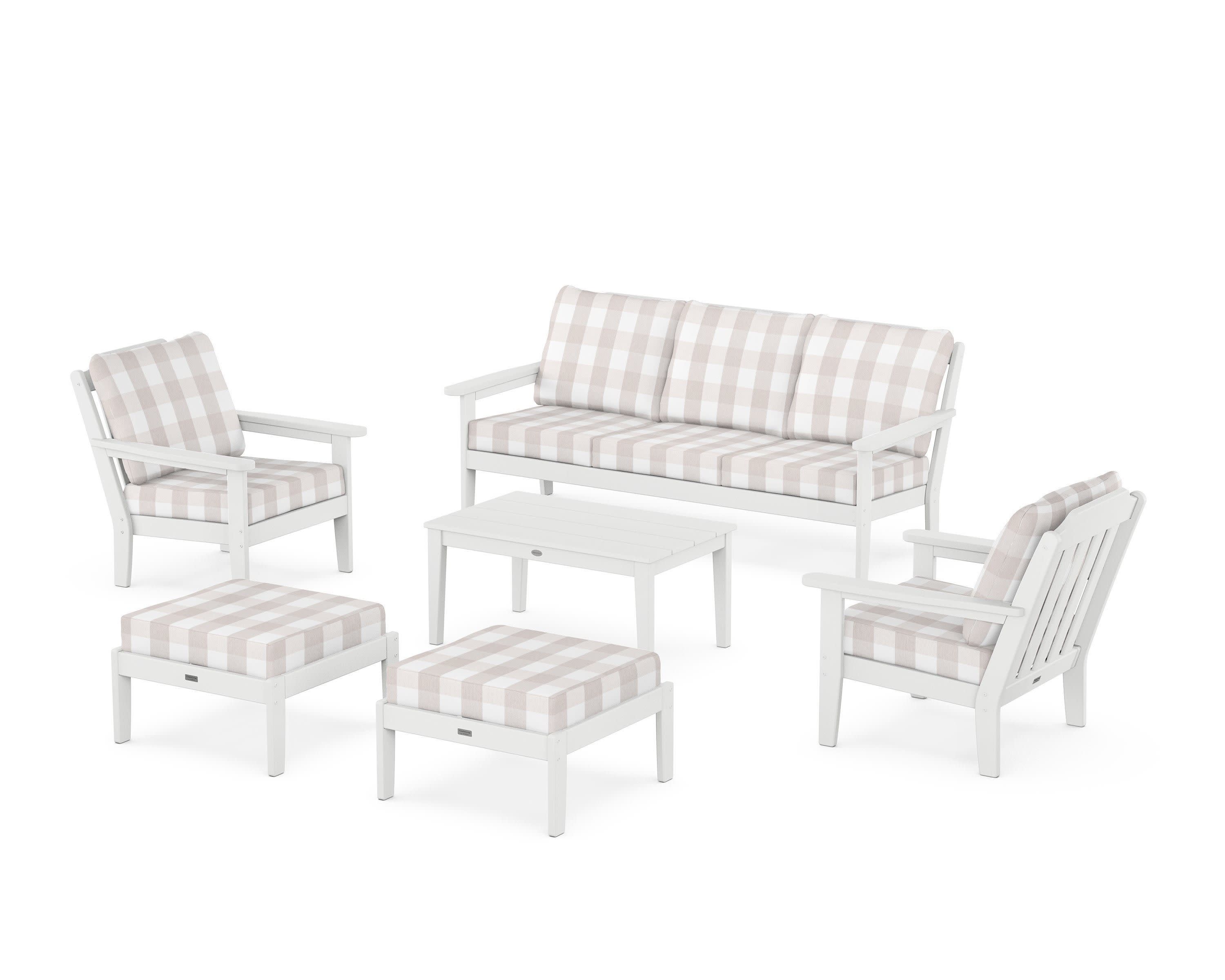 Cottage 6-Piece Lounge Sofa Set in White / Buffalo Plaid Dune Burlap