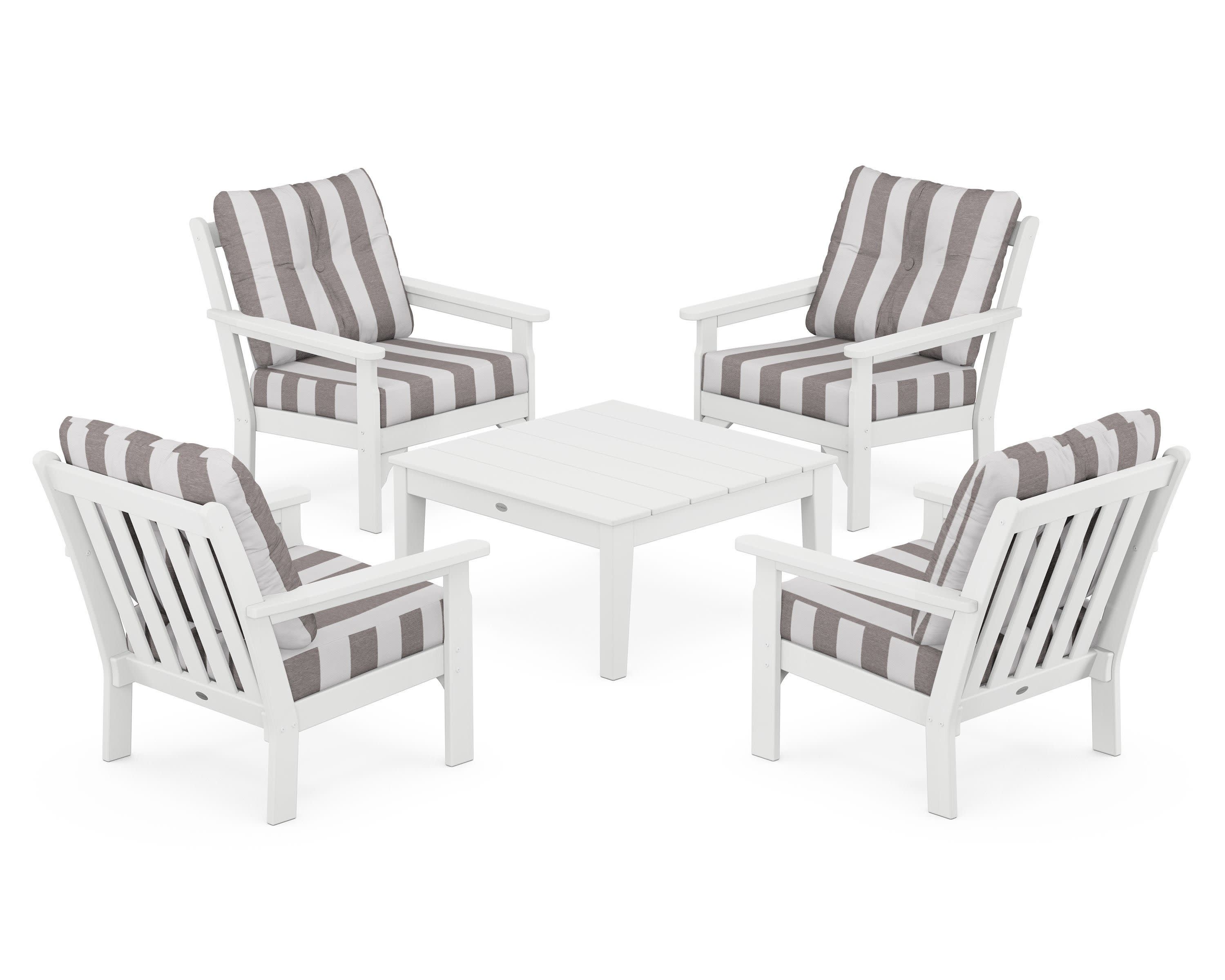 Vineyard 5-Piece Deep Seating Conversation Set in White / Cabana Stripe Grey Mist