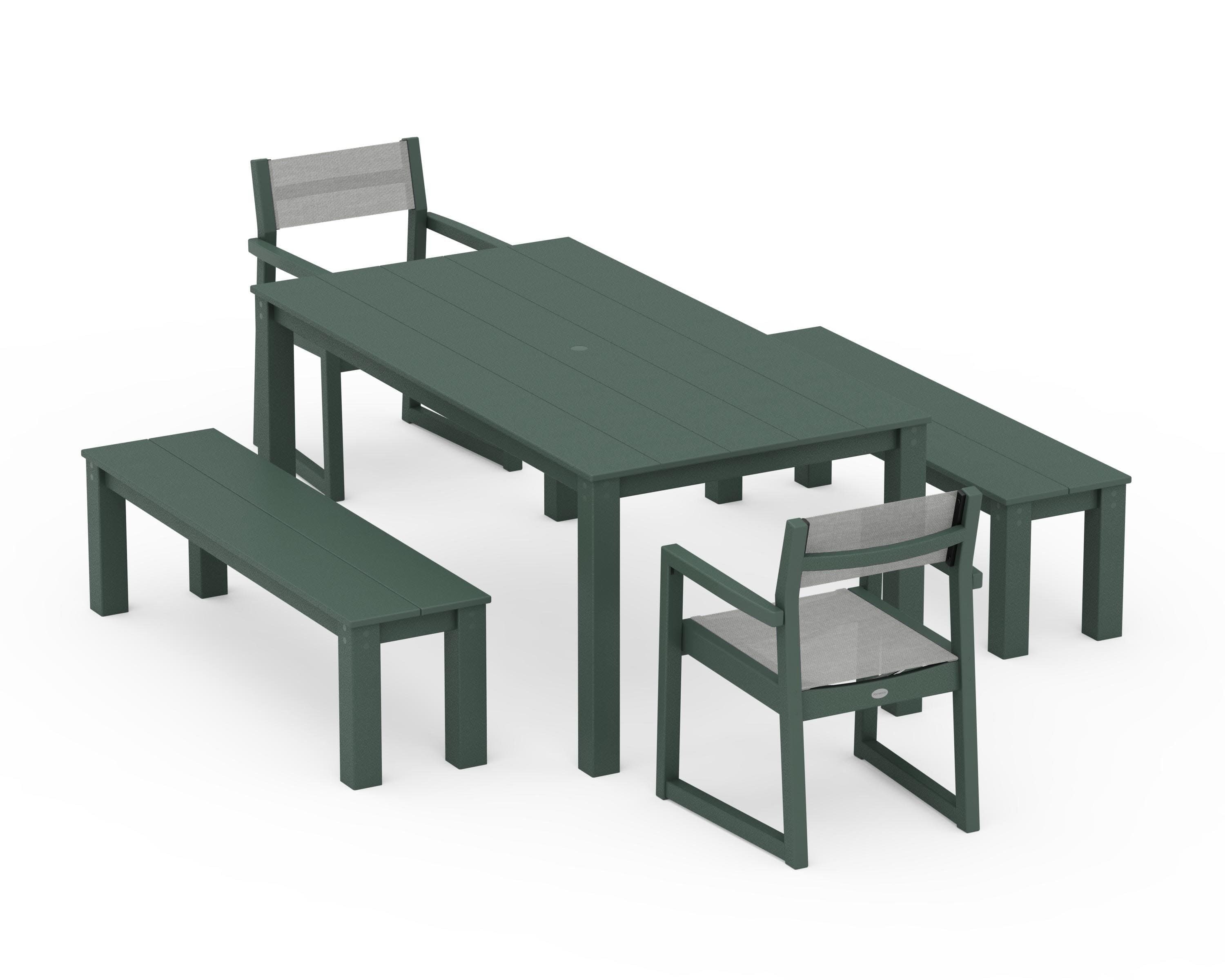 EDGE Sling Arm Chair 5-Piece Parsons Dining Set with Benches in Green / Metallic Sling