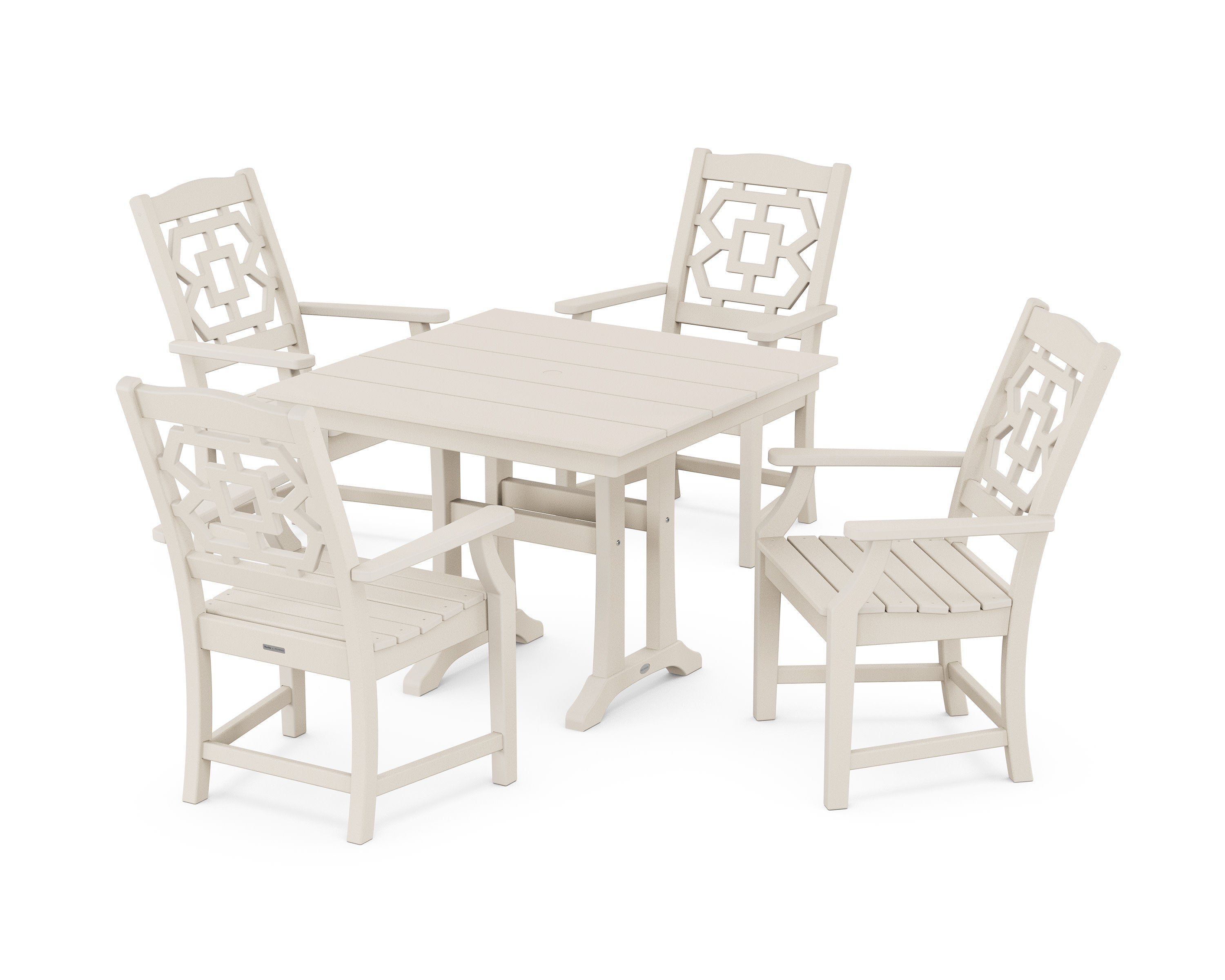 Chinoiserie 5-Piece Farmhouse Dining Set with Trestle Legs in Sand
