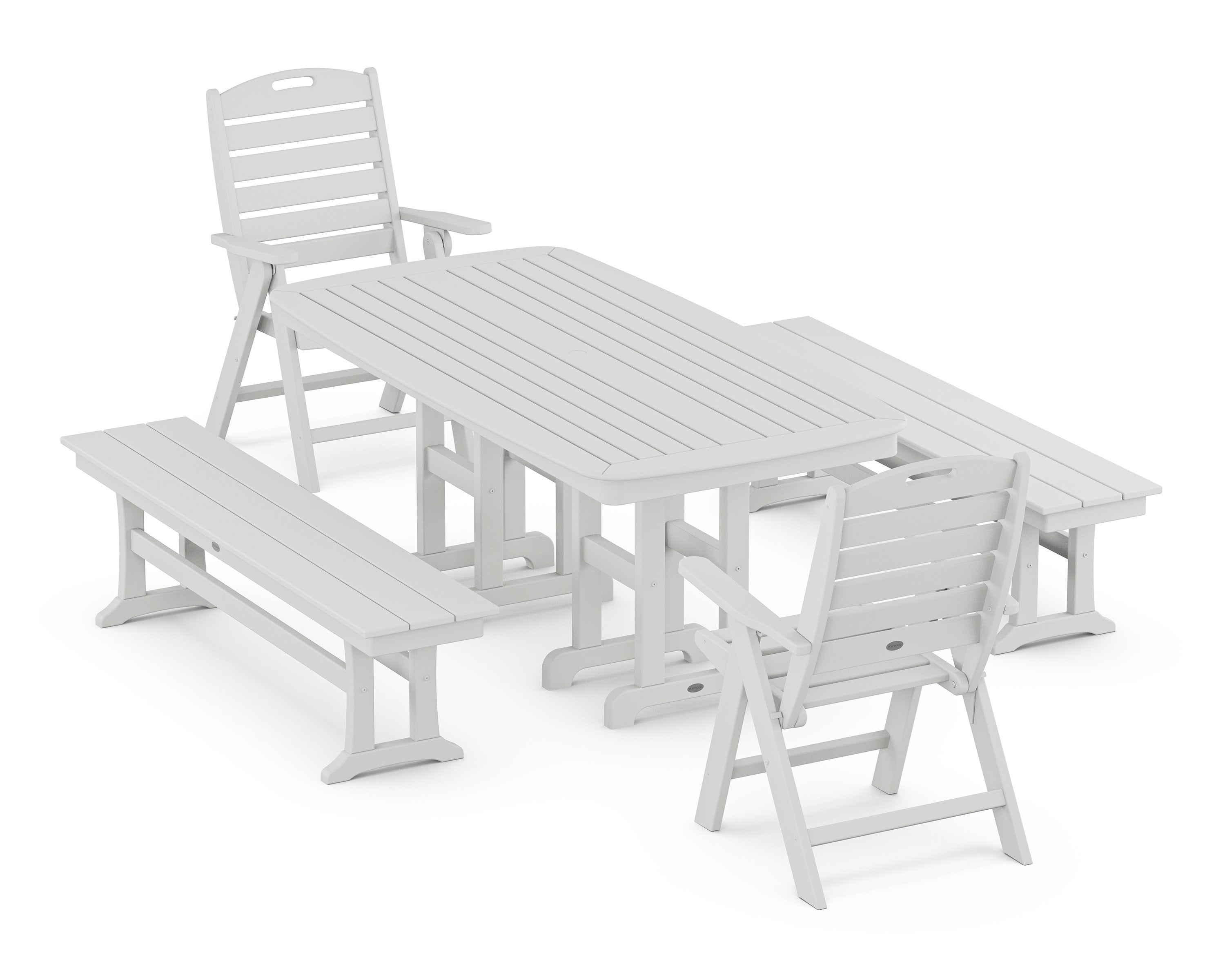 Nautical Highback 5-Piece Dining Set with Benches in White