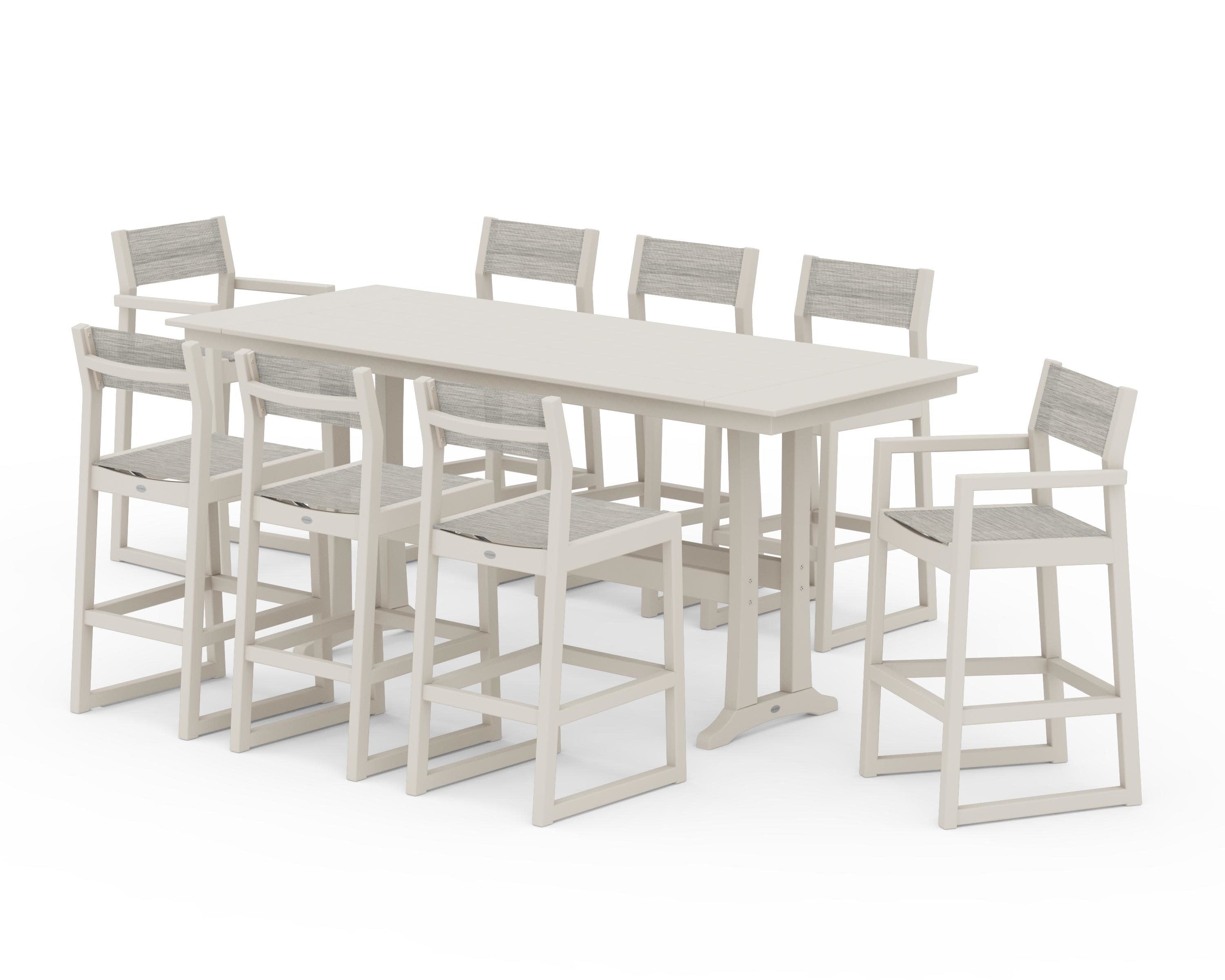 EDGE Sling 9-Piece Farmhouse Bar Set with Trestle Legs in Sand / Birch Sling