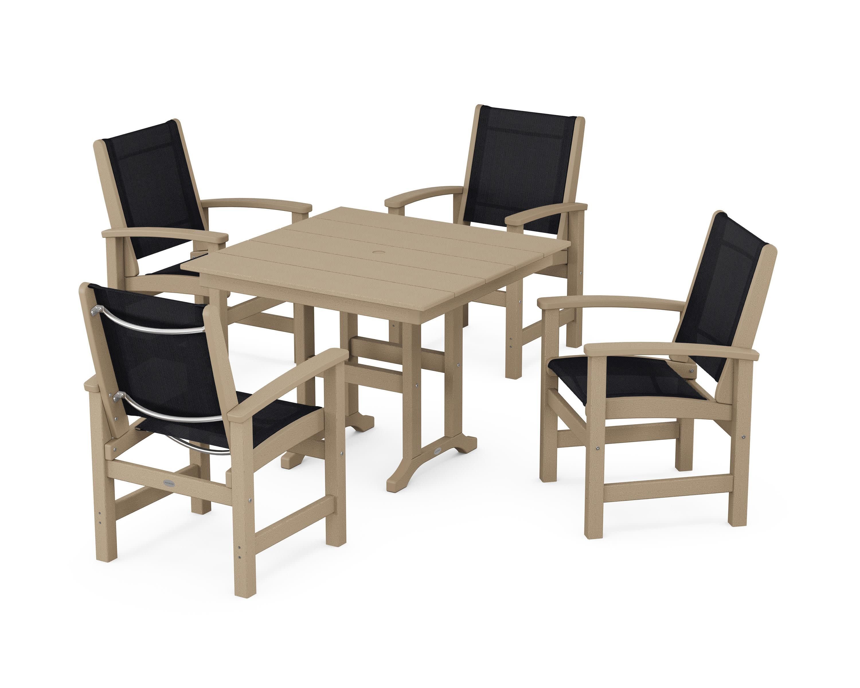 Coastal 5-Piece Farmhouse Dining Set in Vintage Sahara / Black Sling