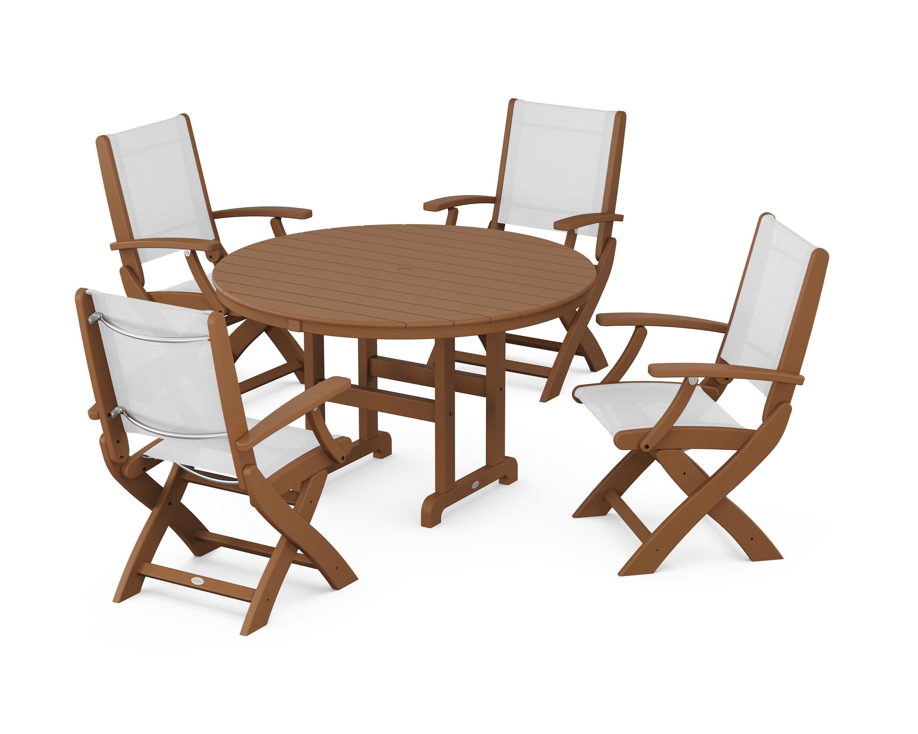 Coastal Folding Chair 5-Piece Round Dining Set in Teak / White Sling