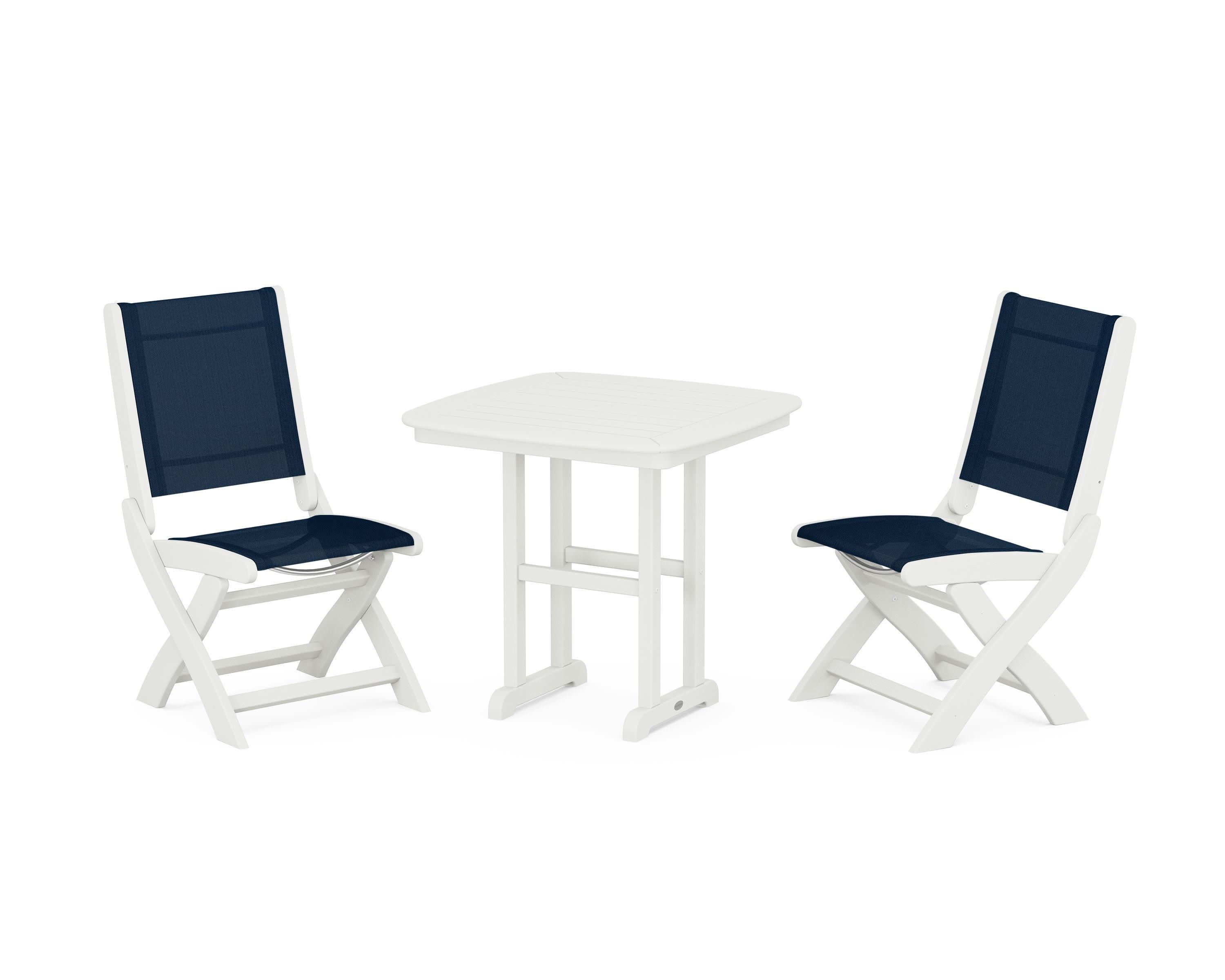 Coastal Folding Side Chair 3-Piece Dining Set in Vintage White / Navy Blue Sling