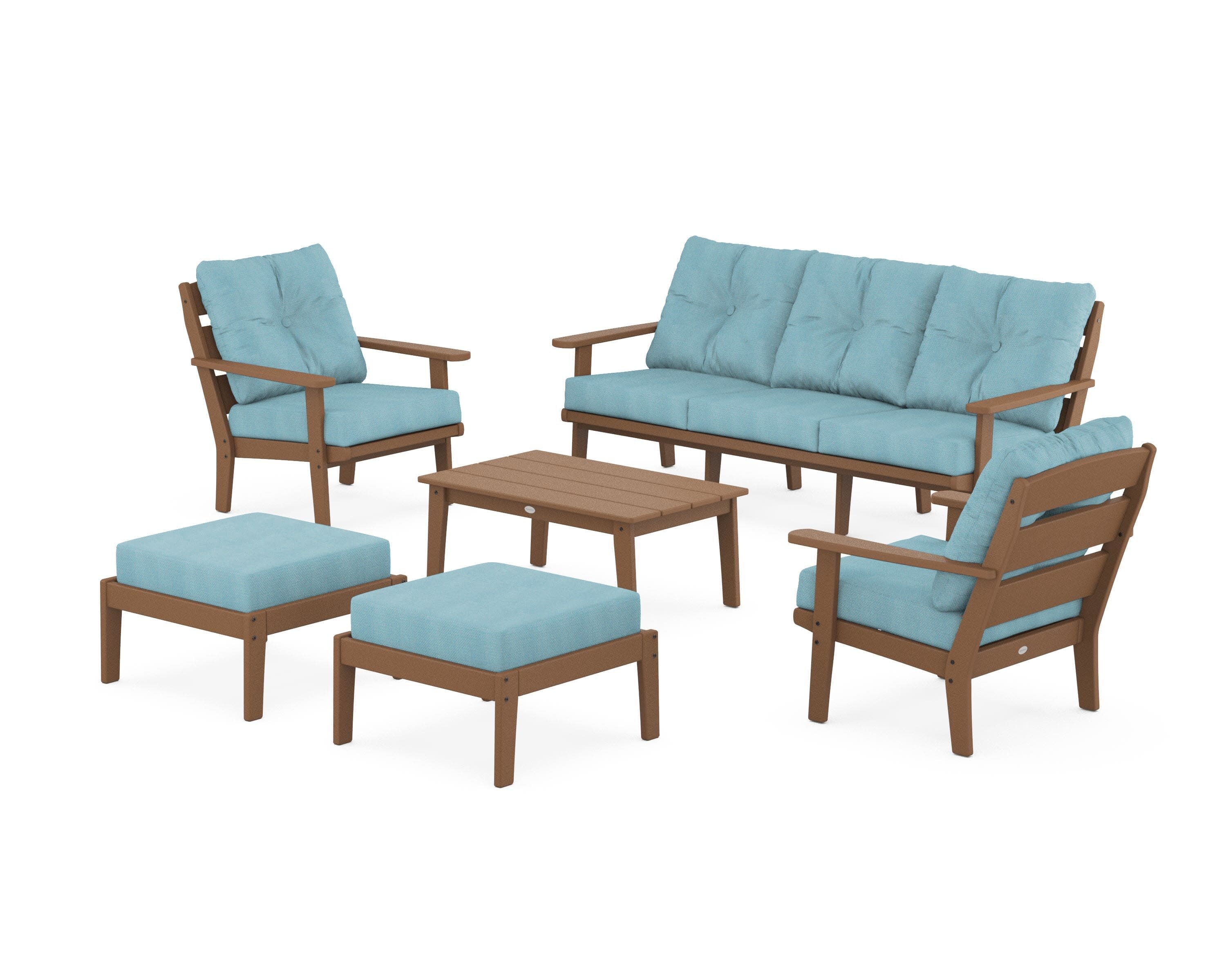 Lakeside 6-Piece Lounge Sofa Set in Teak / Lattice Sky Blue