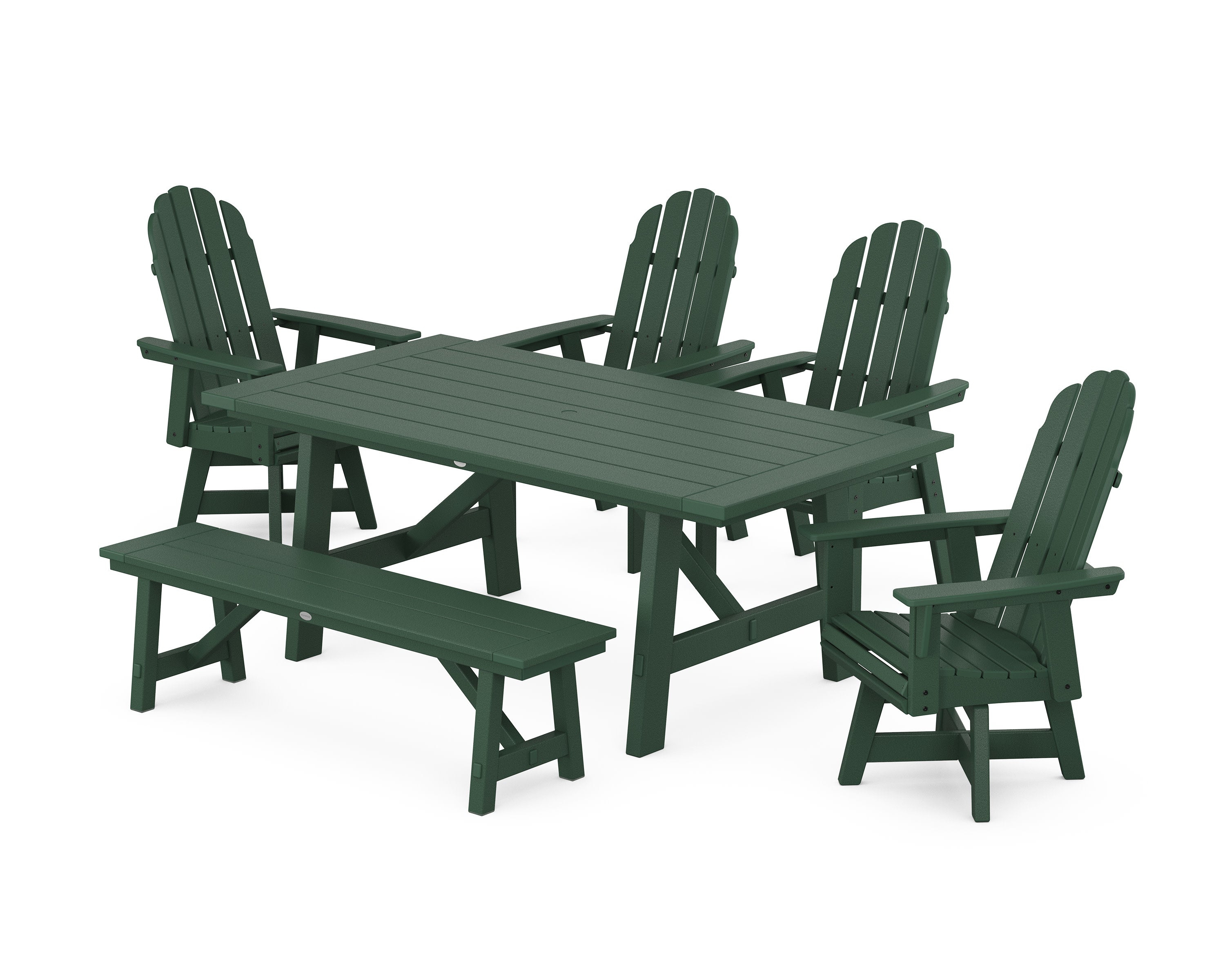 Vineyard Curveback Adirondack Swivel Chair 6-Piece Rustic Farmhouse Dining Set With Bench in Green