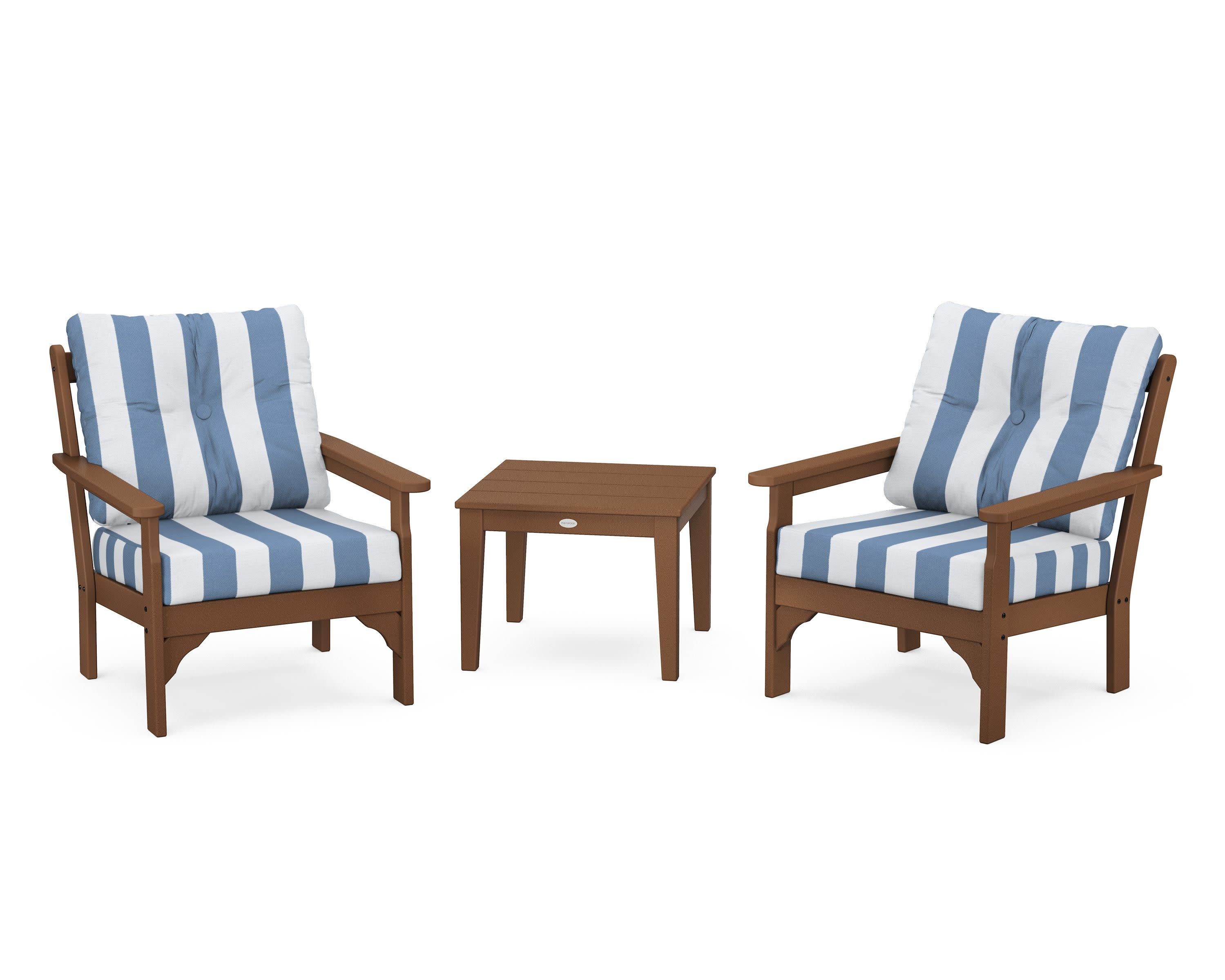 Vineyard 3-Piece Deep Seating Set in Teak / Cabana Stripe Sky Blue