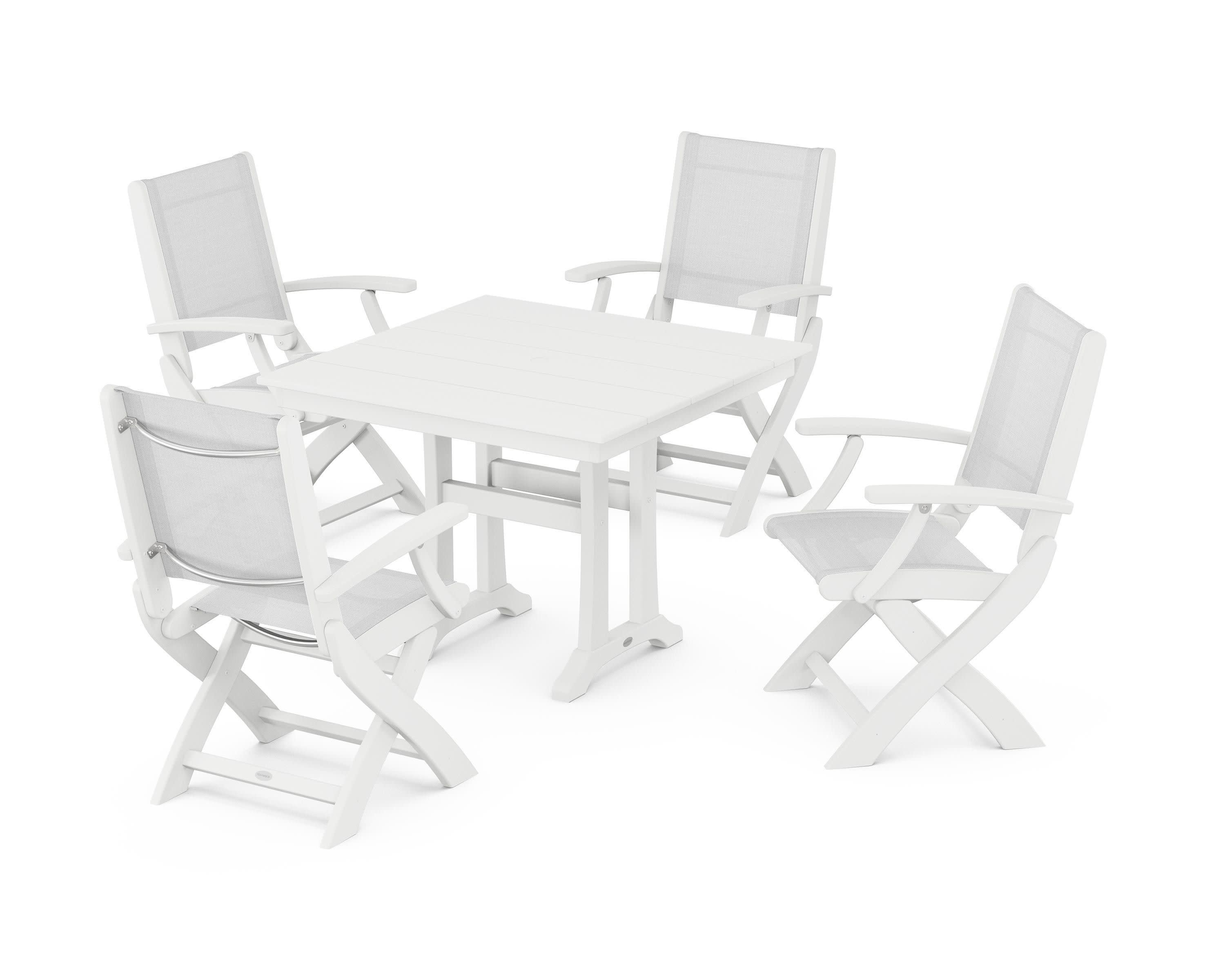 Coastal Folding Chair 5-Piece Farmhouse Dining Set With Trestle Legs in White / White Sling