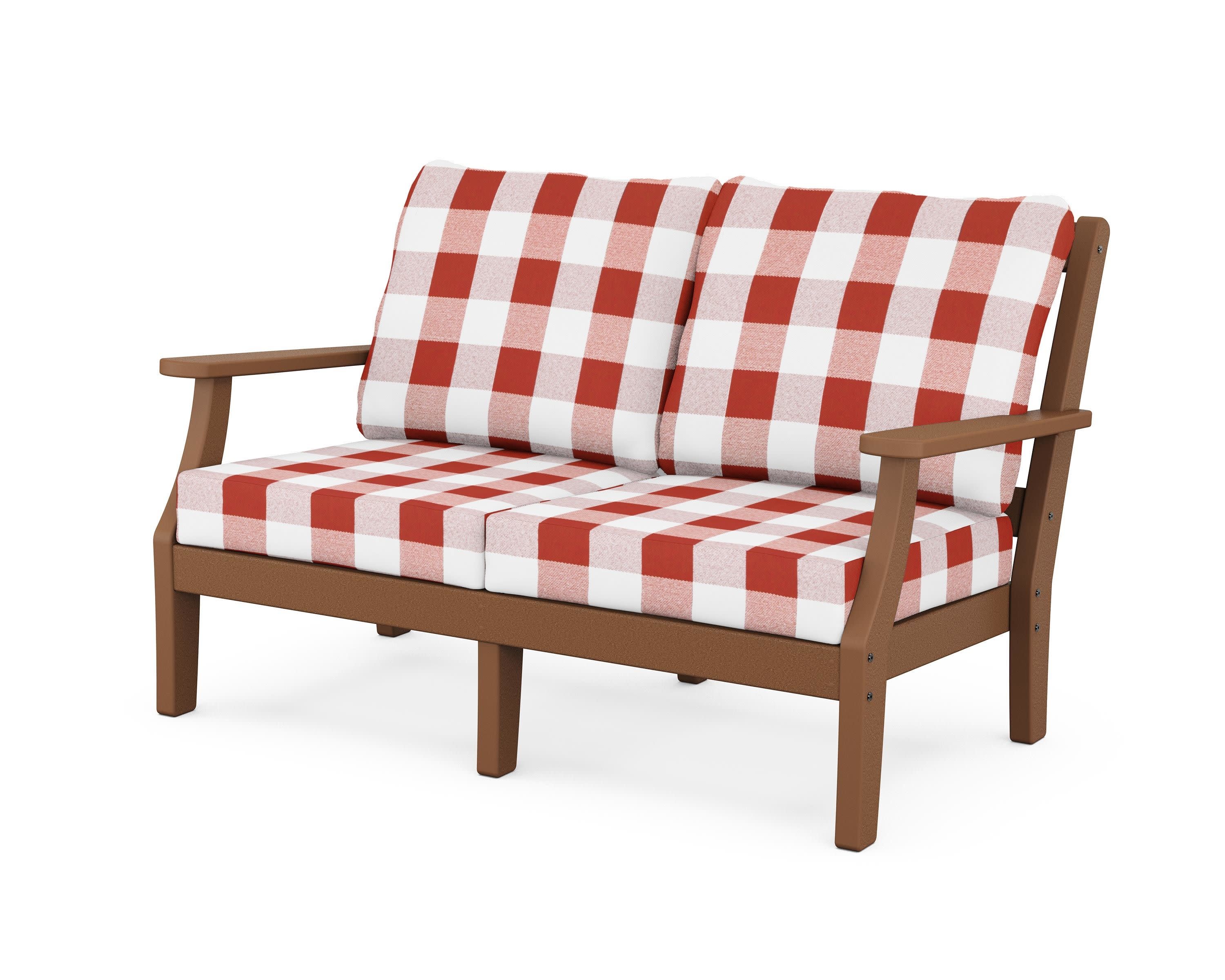 Chinoiserie Deep Seating Loveseat in Teak / Buffalo Plaid Crimson