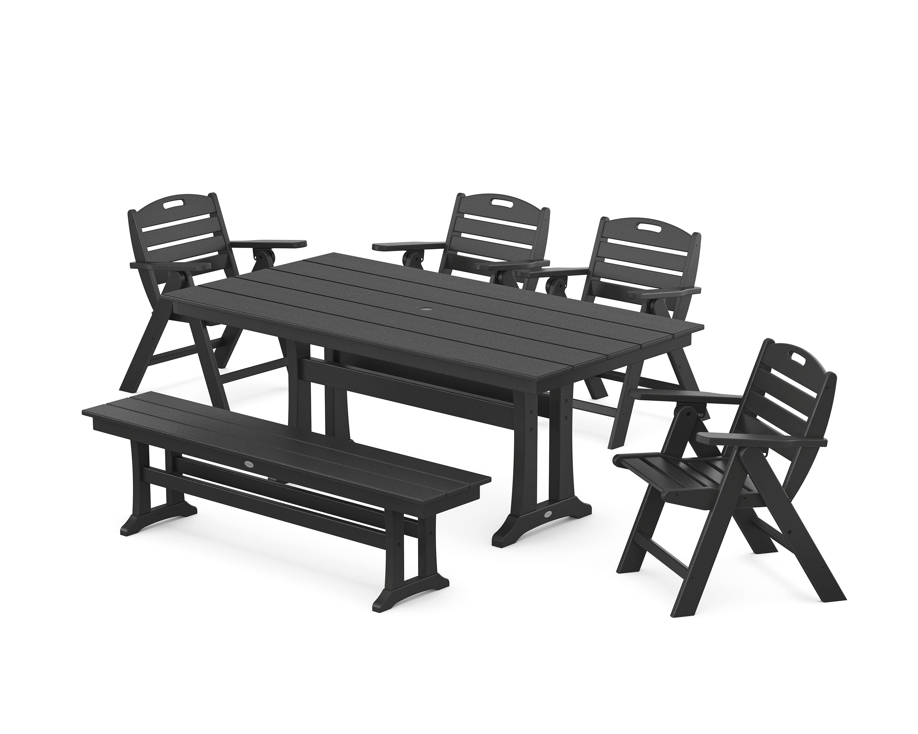 Nautical Lowback 6-Piece Farmhouse Dining Set with Trestle Legs and Bench in Black
