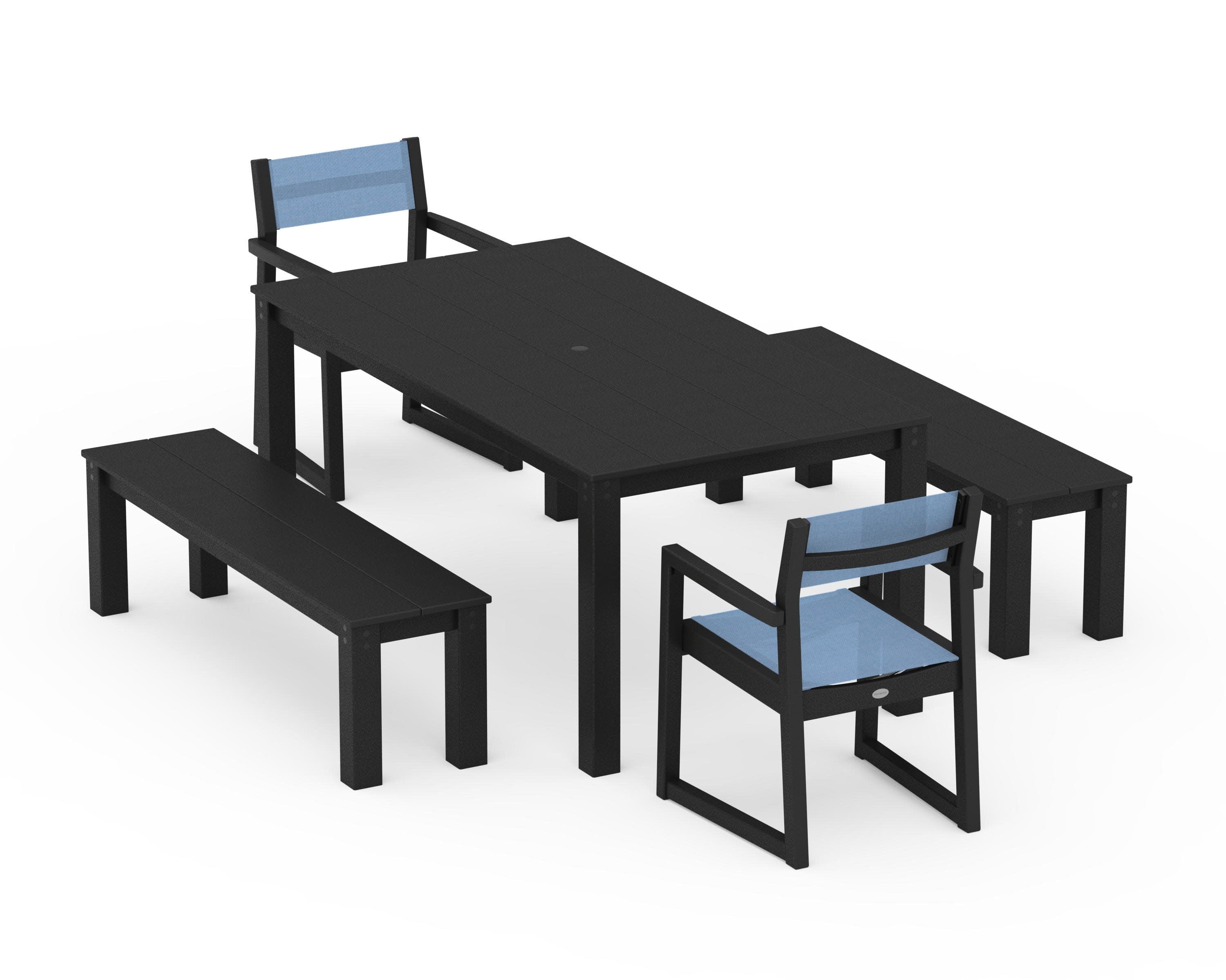 EDGE Sling Arm Chair 5-Piece Parsons Dining Set with Benches in Black / Poolside Sling
