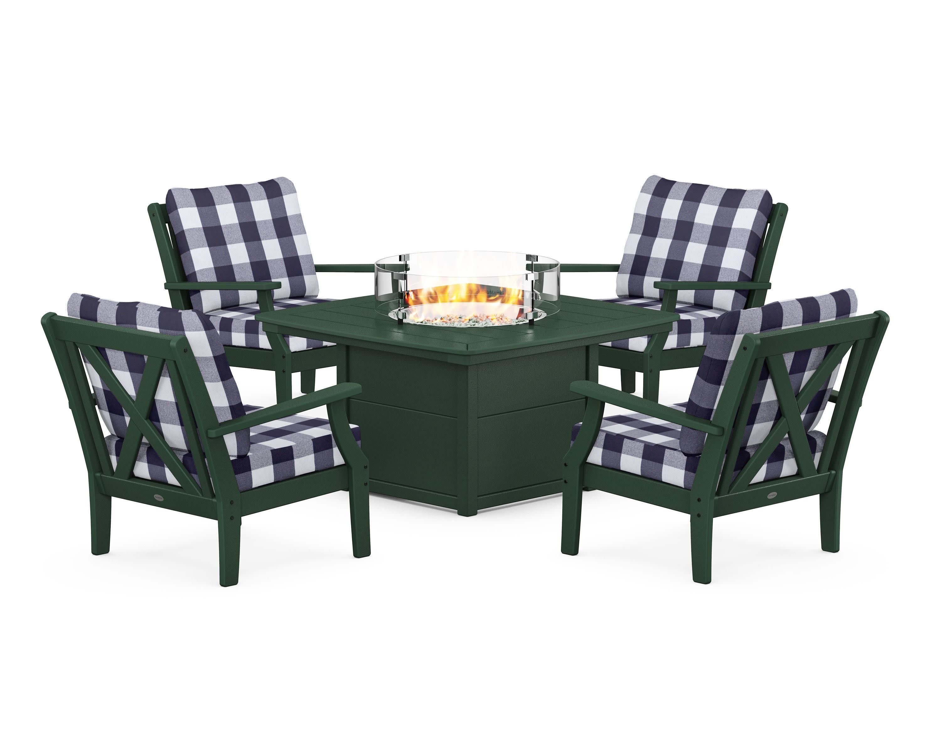 Braxton 5-Piece Deep Seating Conversation Set with Fire Pit Table in Green / Buffalo Plaid Navy