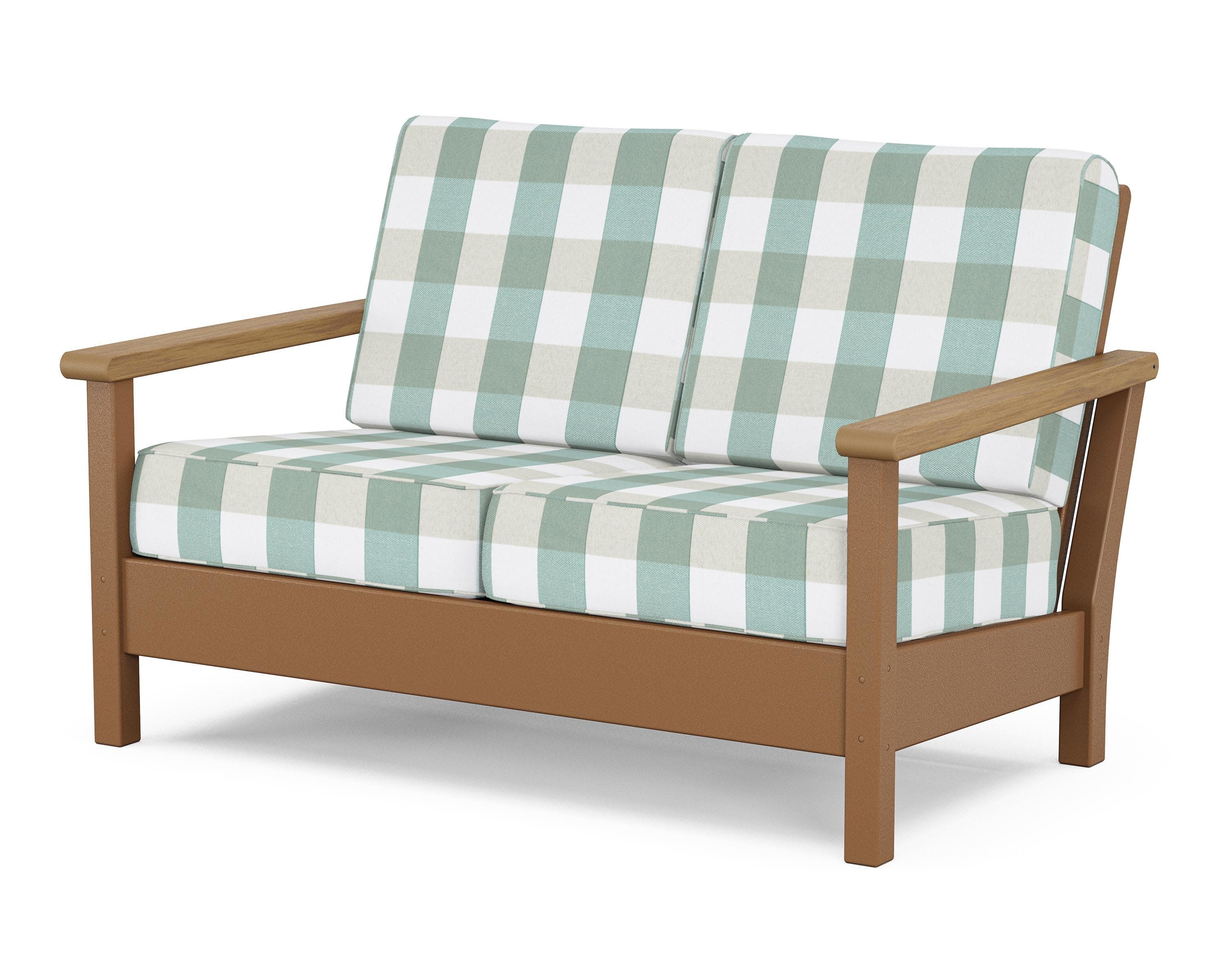 Harbour Deep Seating Loveseat in Teak / Natural / Buffalo Plaid Glacier Spa