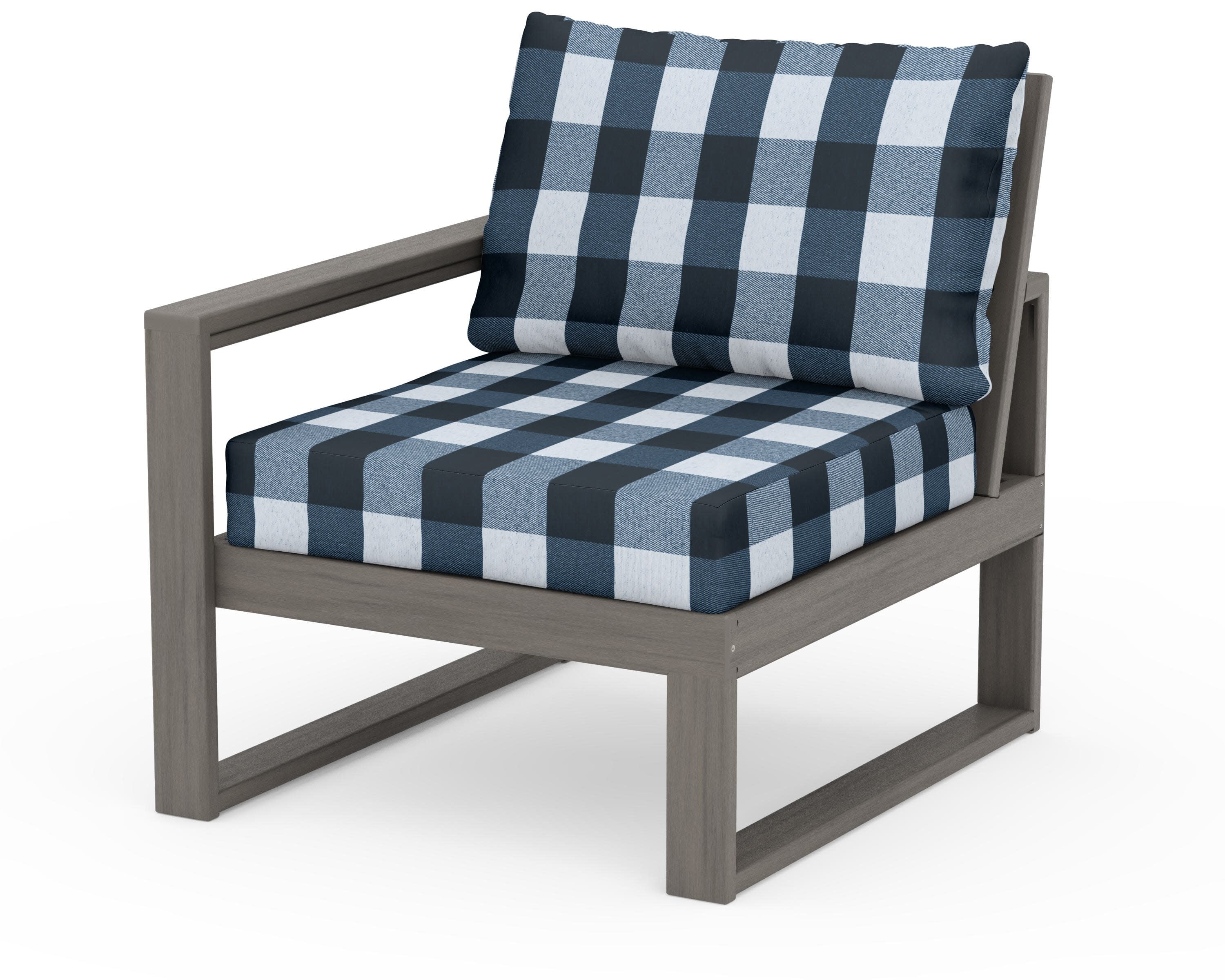 EDGE Modular Left Arm Chair in Driftwood / Buffalo Plaid Marine Indigo