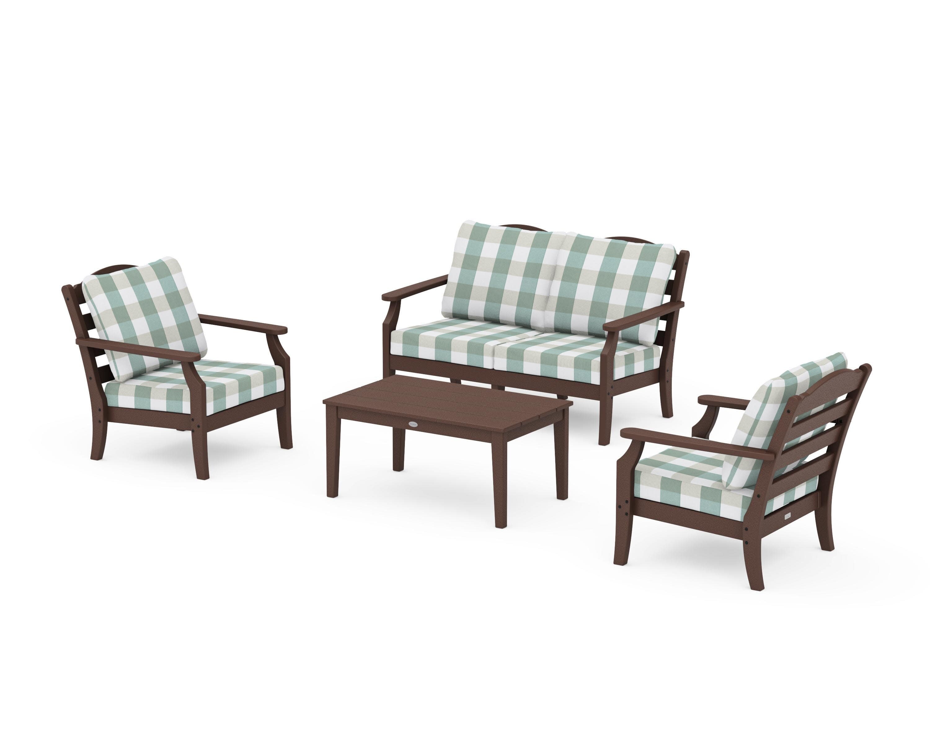 Savannah 4-Piece Deep Seating Set with Loveseat in Mahogany / Buffalo Plaid Glacier Spa