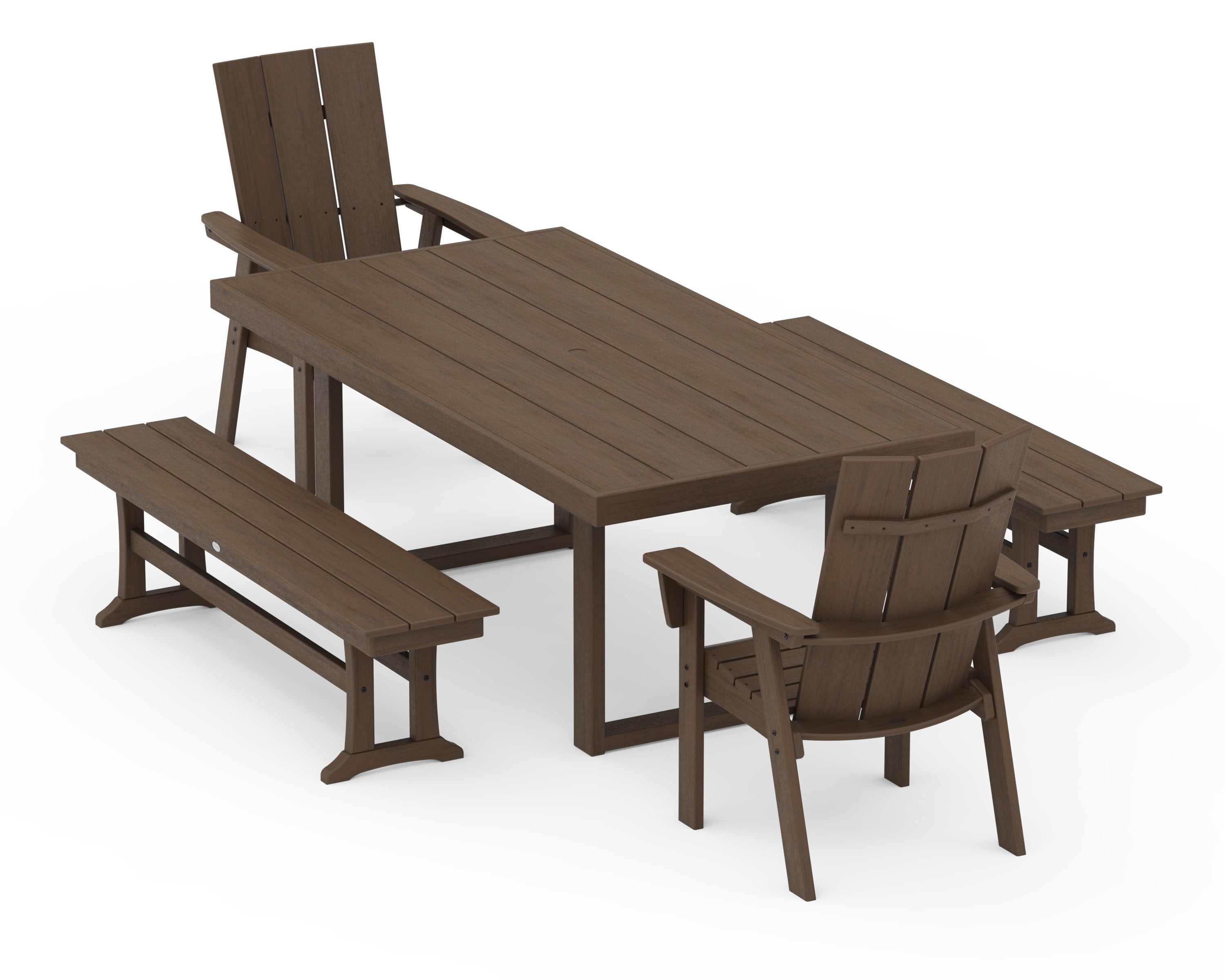 Modern Curveback Adirondack 5-Piece Dining Set with Benches in Kona