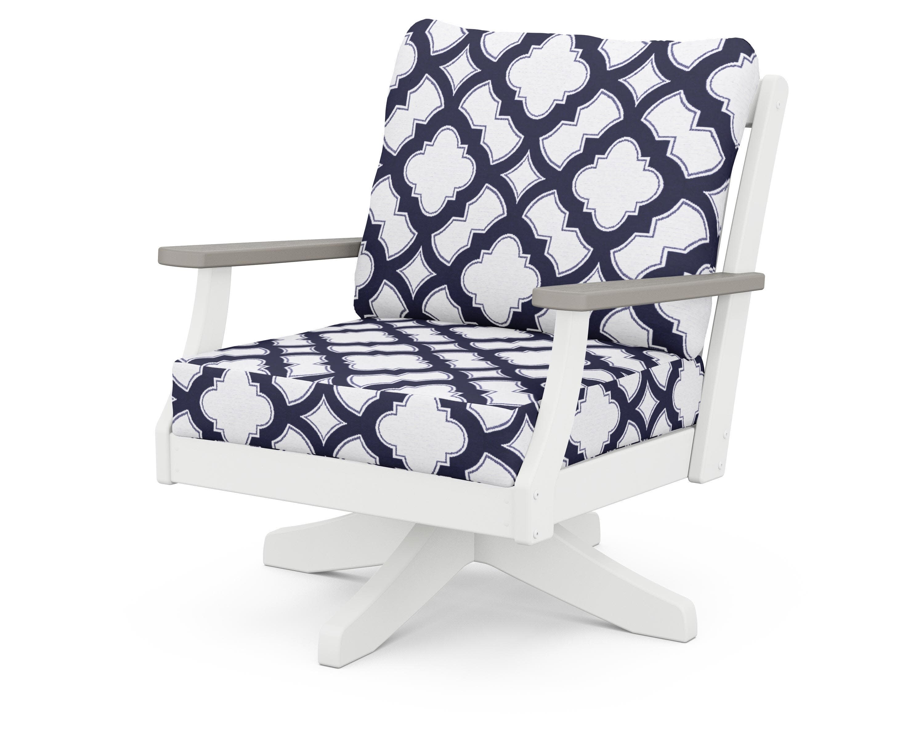 Braxton Deep Seating Swivel Chair in White / Driftwood / Trellis Navy