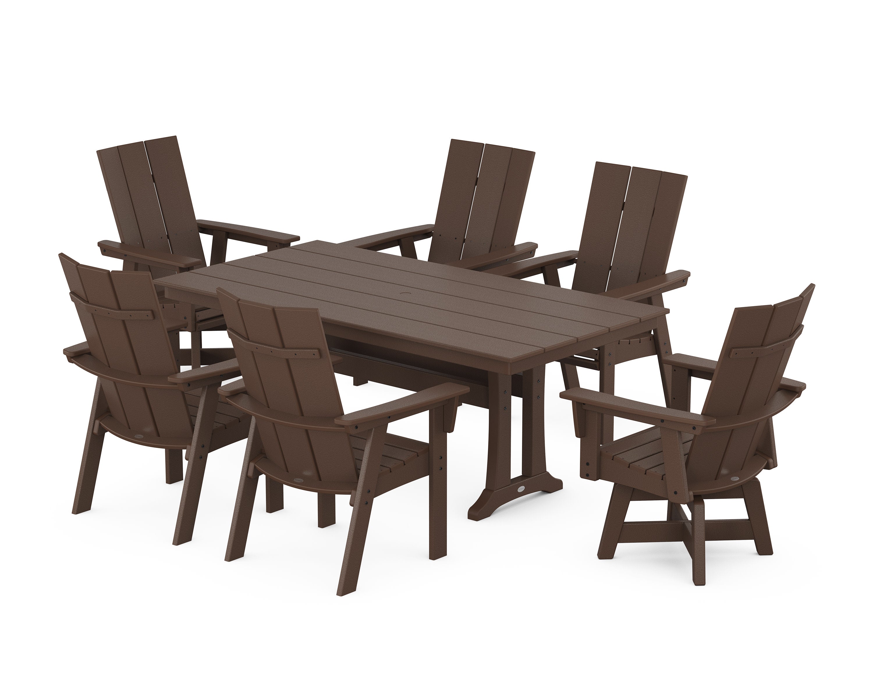 Modern Curveback Adirondack Swivel Chair 7-Piece Farmhouse Dining Set With Trestle Legs in Mahogany