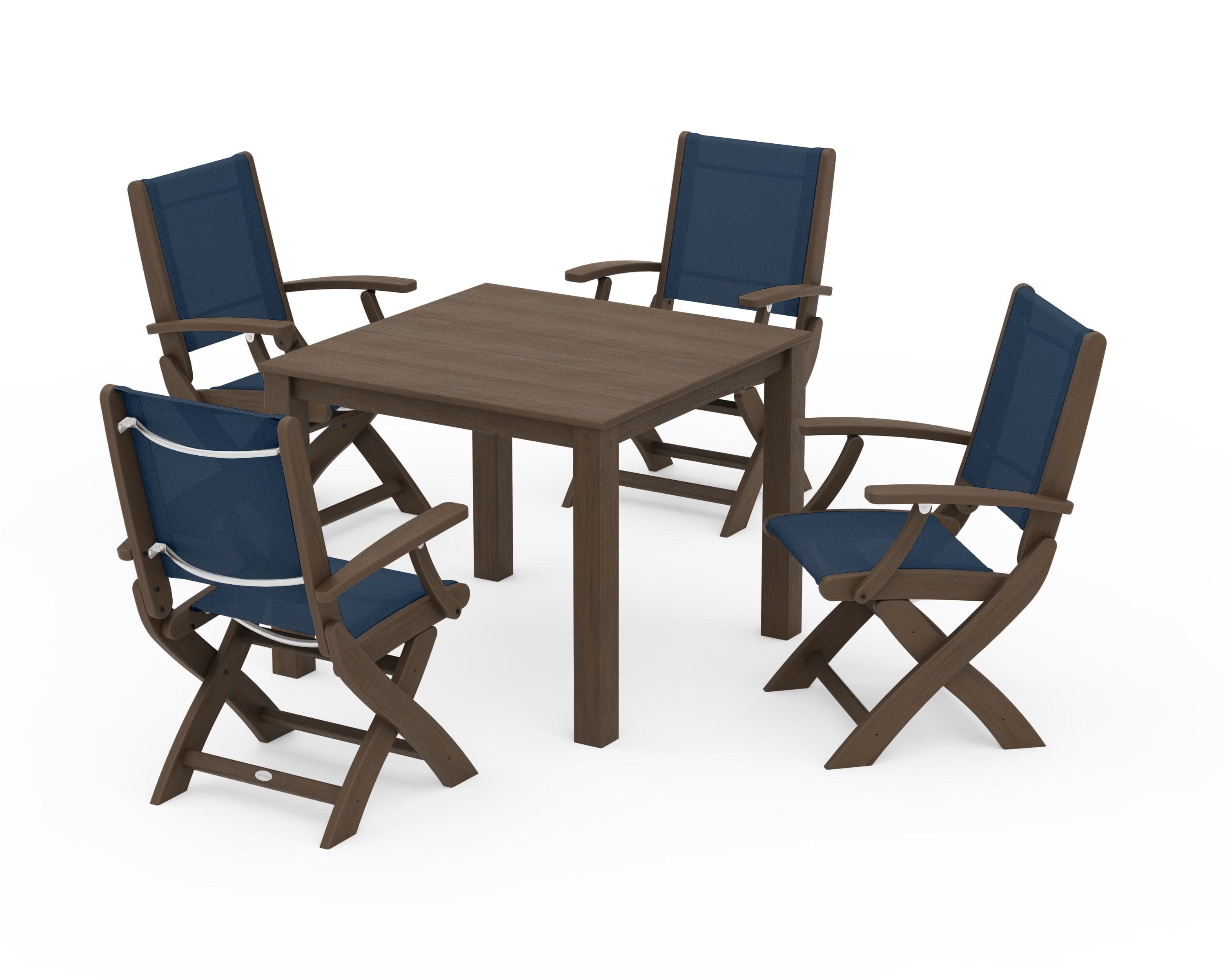 Coastal Folding Chair 5-Piece Parsons Dining Set in Kona / Navy Blue Sling