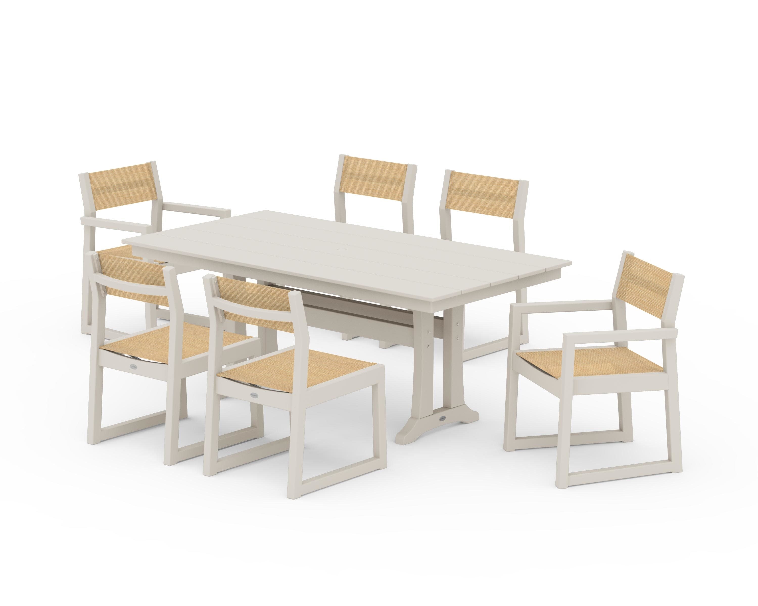 EDGE Sling 7-Piece Farmhouse Trestle Dining Set in Sand / Dupioni Apricot Sling