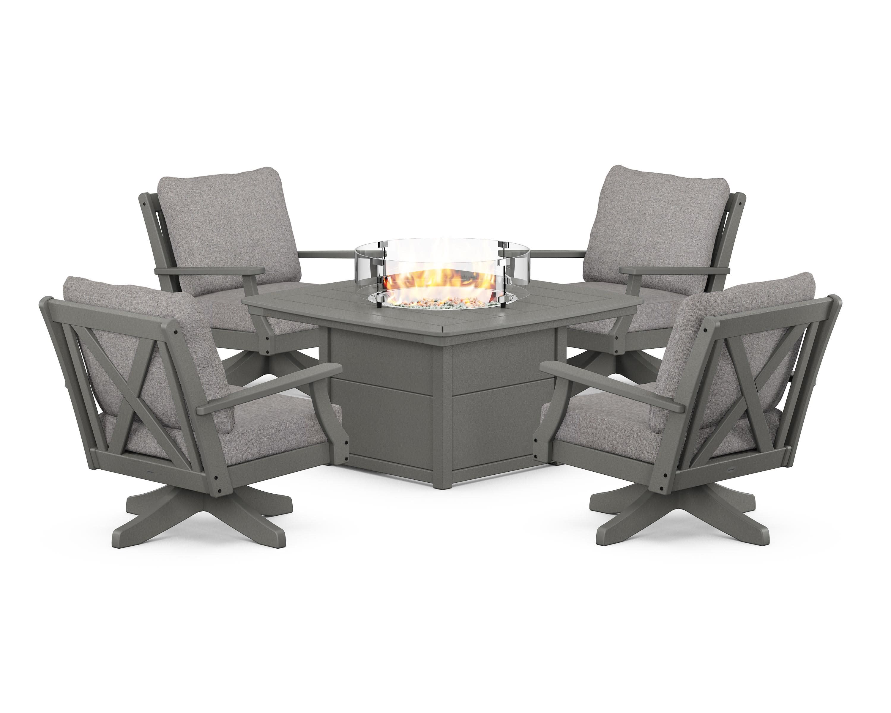Braxton 5-Piece Deep Seating Swivel Conversation Set with Fire Pit Table in Slate Grey / Grey Mist