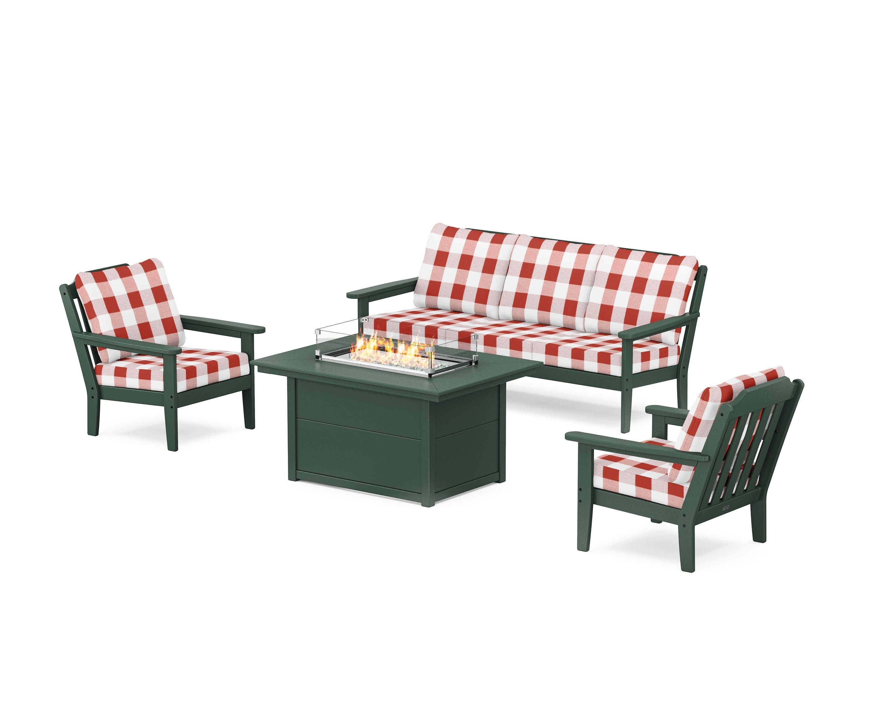 Cottage Deep Seating Fire Pit Table Set in Green / Buffalo Plaid Crimson