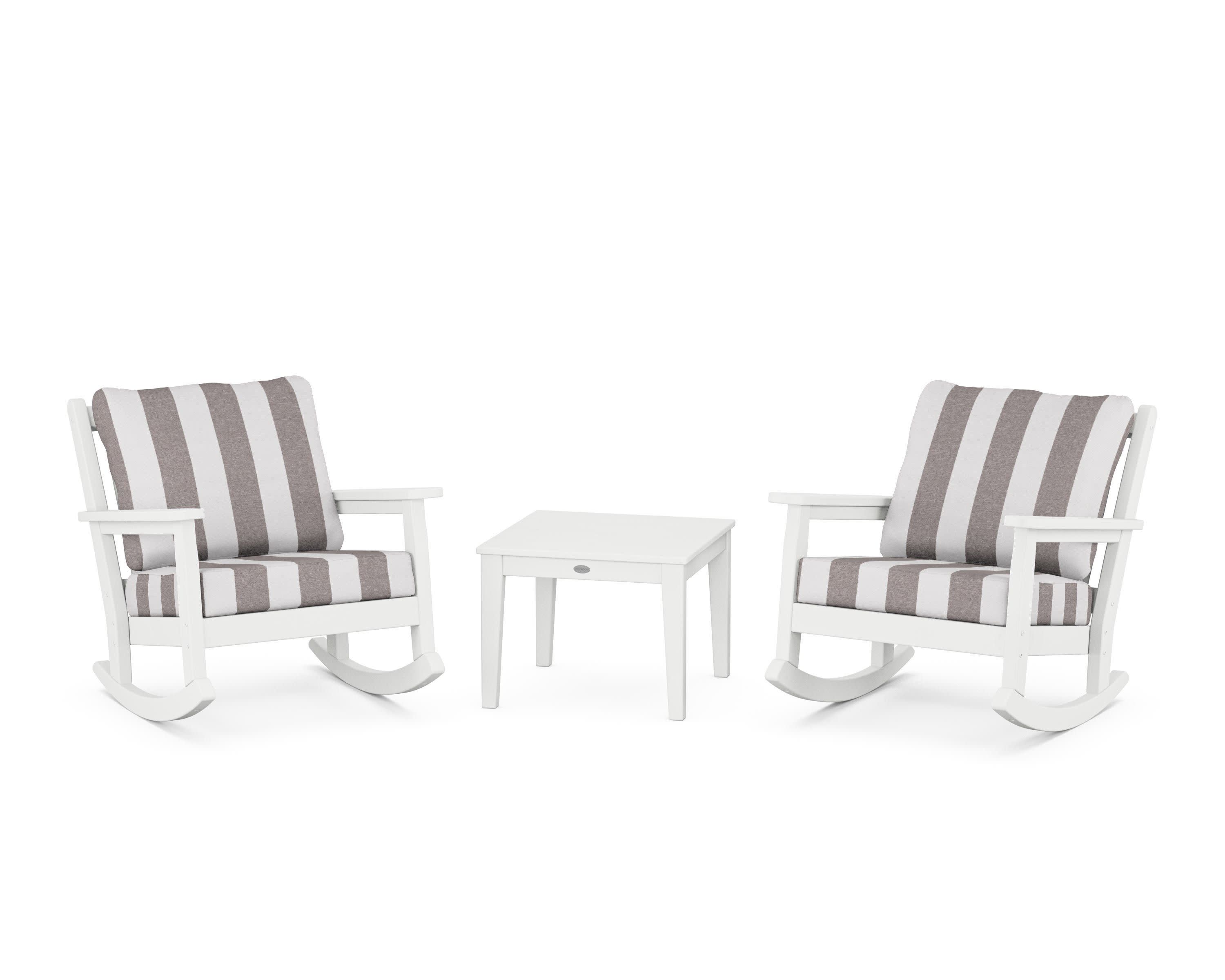 Chippendale 3-Piece Deep Seating Rocker Set in White / Cabana Stripe Grey Mist