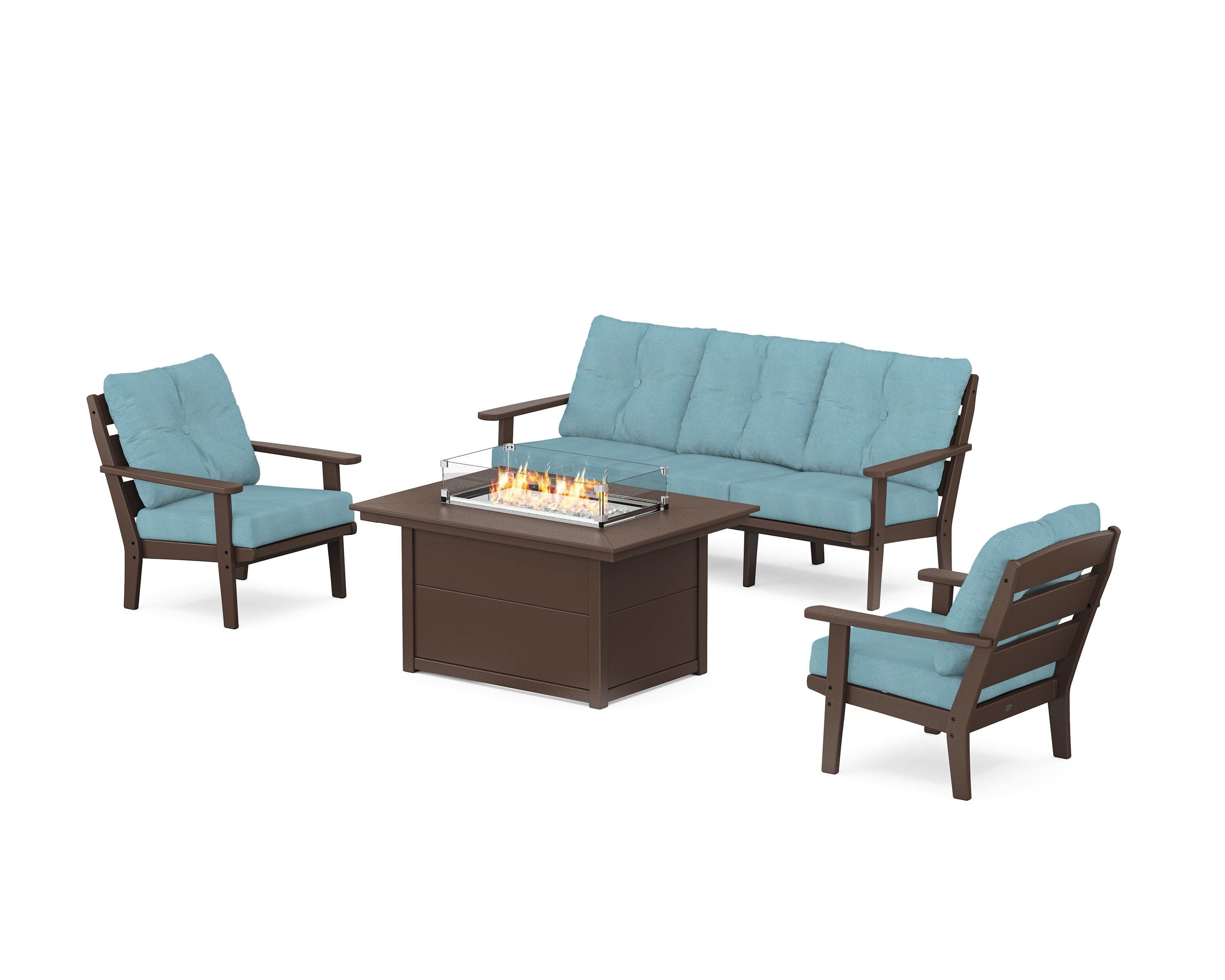 Lakeside Deep Seating Fire Pit Table Set in Mahogany / Lattice Sky Blue