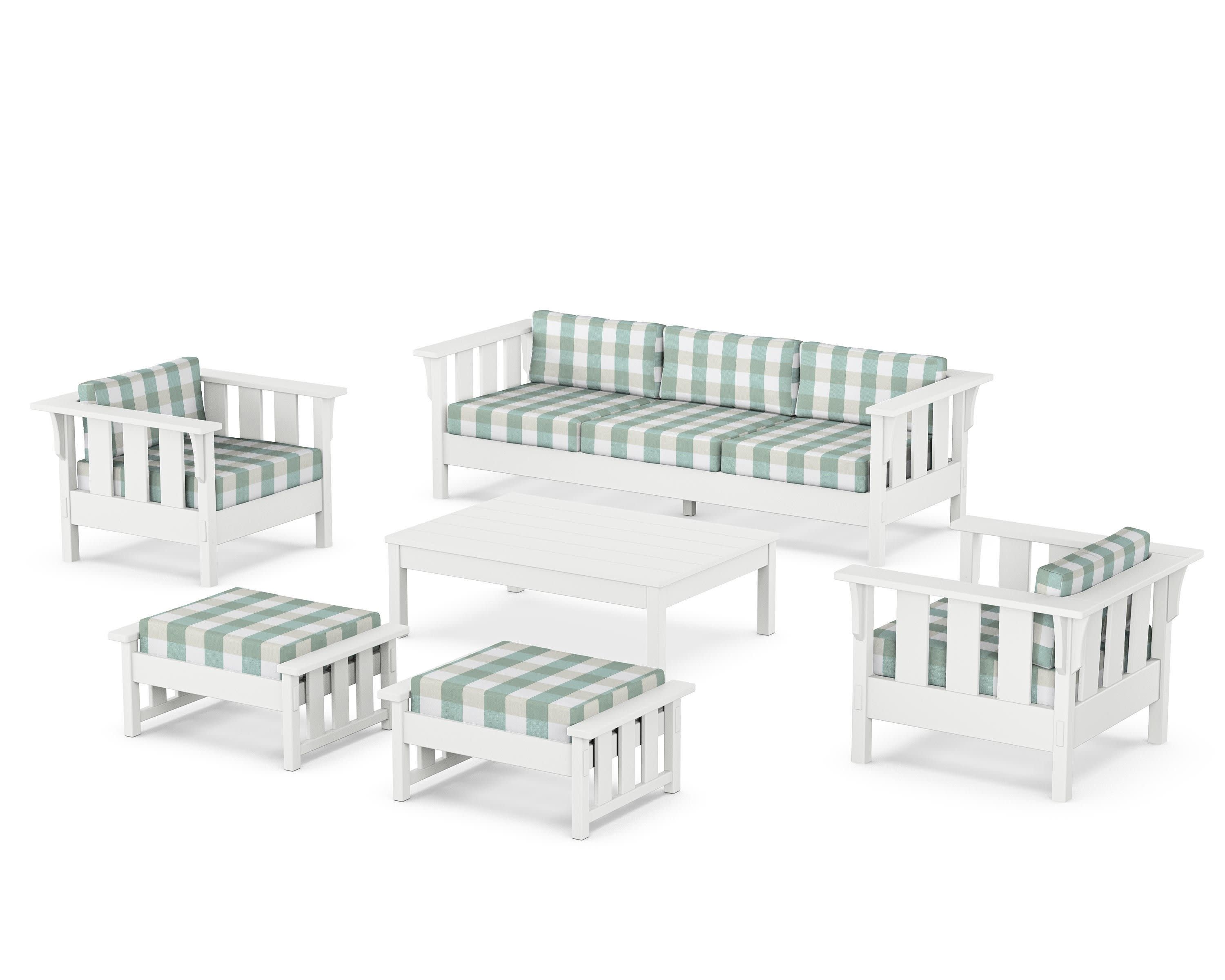 Acadia 6-Piece Lounge Sofa Set in White / Buffalo Plaid Glacier Spa