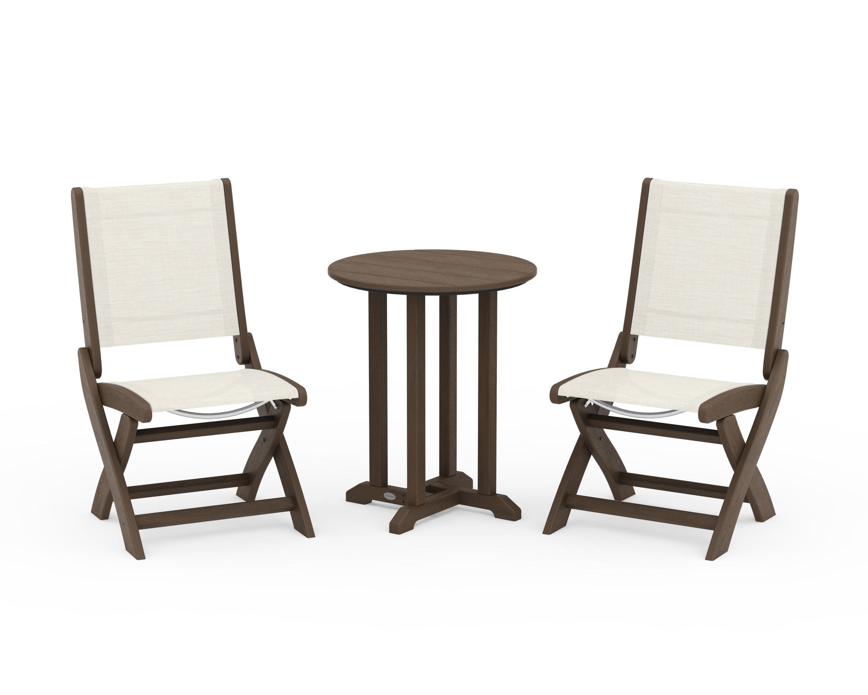 Coastal Folding Side Chair 3-Piece Round Bistro Dining Set in Kona / Parchment Sling