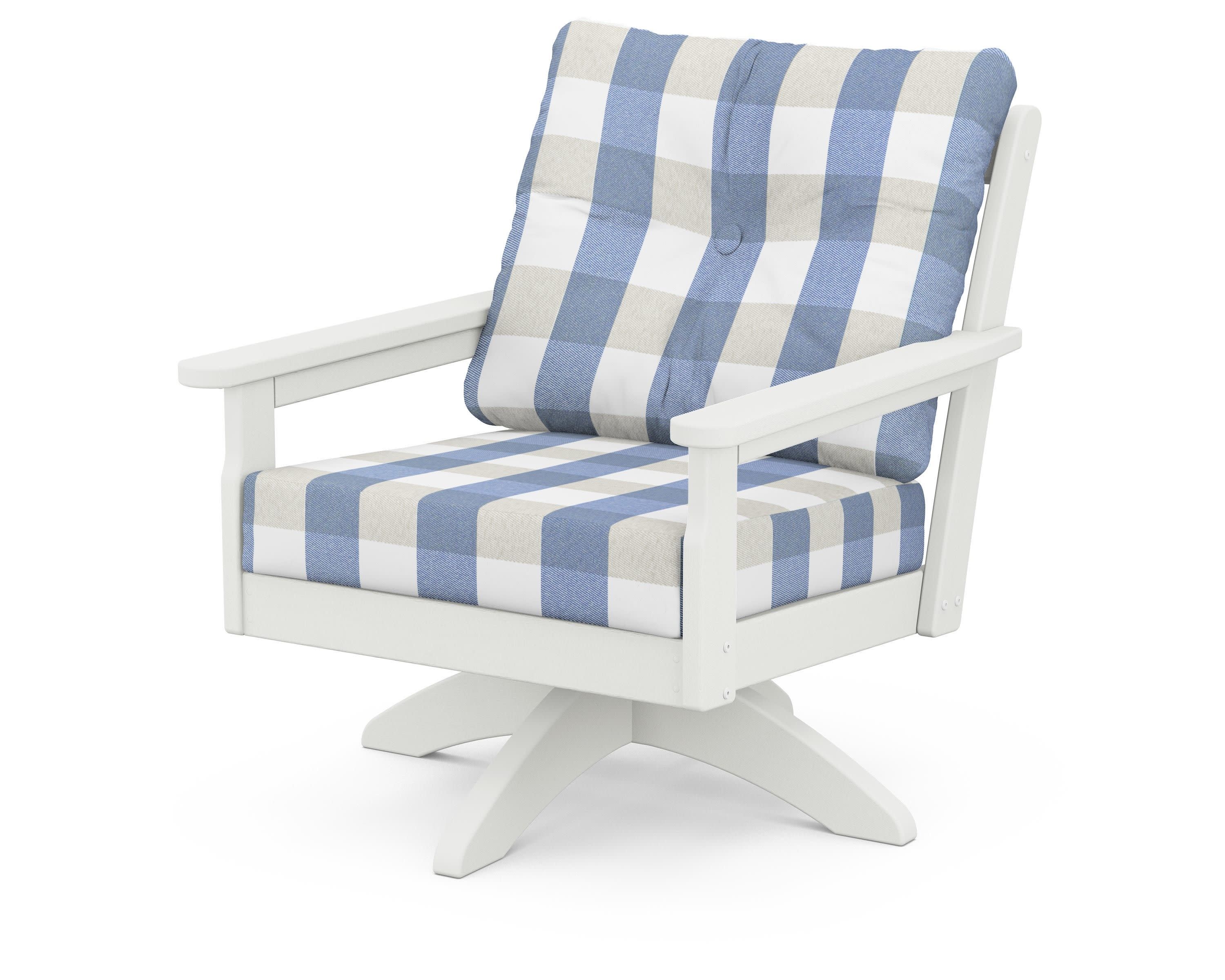 Vineyard Deep Seating Swivel Chair in Vintage White / Buffalo Plaid Sky Blue